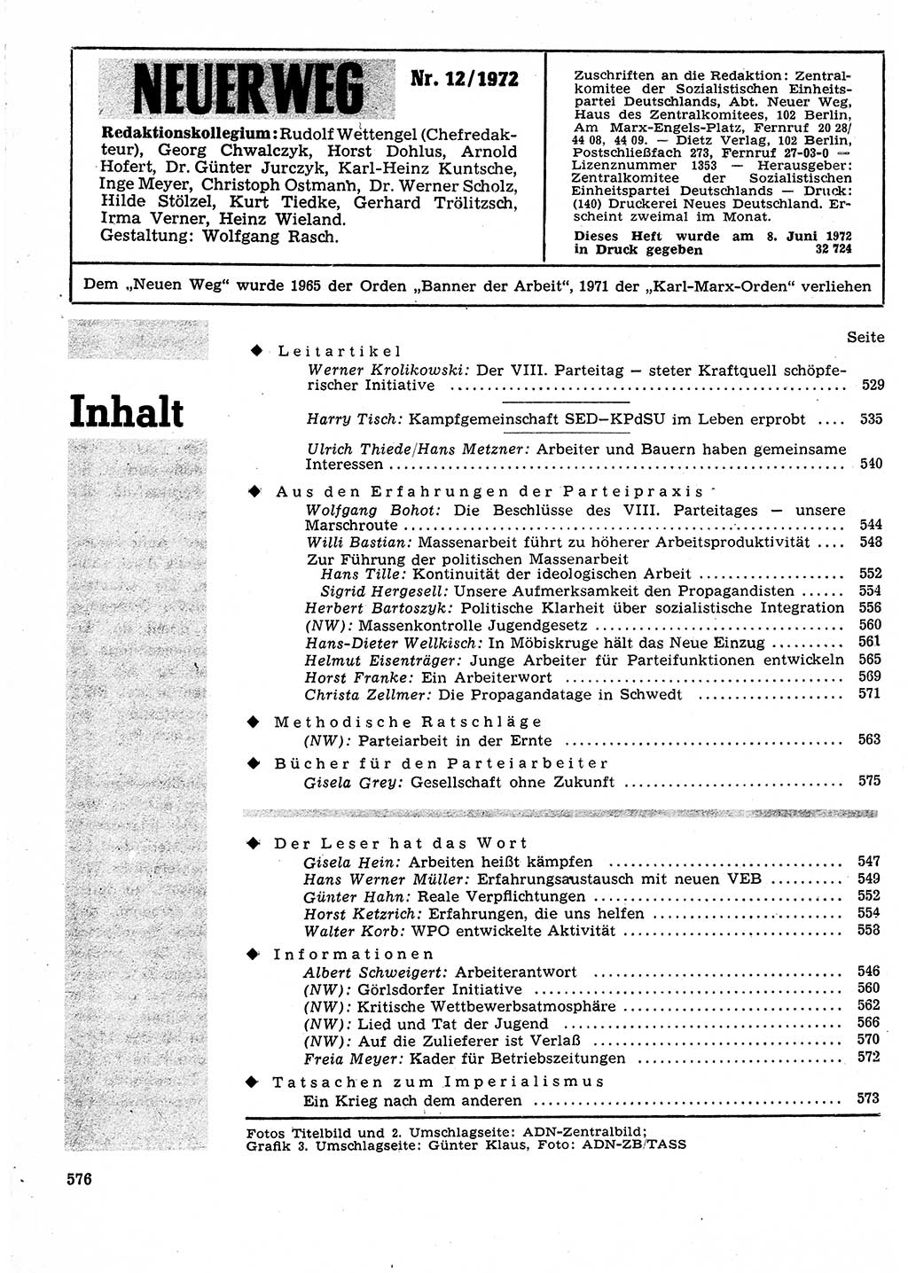 Neuer Weg (NW), Organ des Zentralkomitees (ZK) der SED (Sozialistische Einheitspartei Deutschlands) für Fragen des Parteilebens, 27. Jahrgang [Deutsche Demokratische Republik (DDR)] 1972, Seite 576 (NW ZK SED DDR 1972, S. 576)