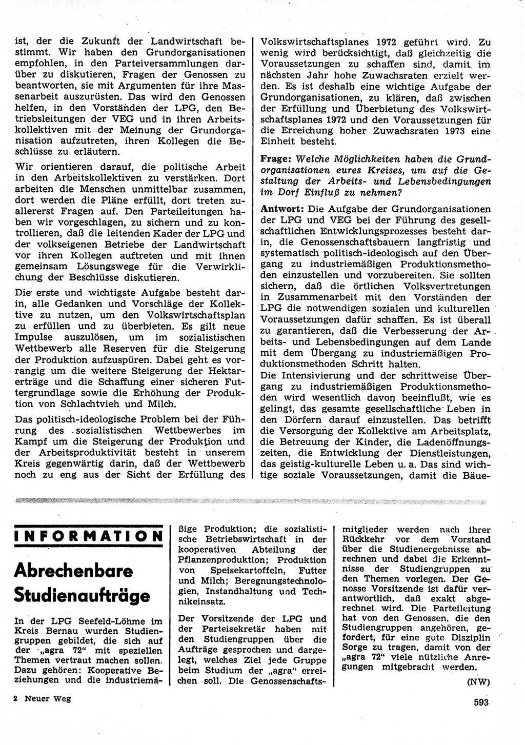 Neuer Weg (NW), Organ des Zentralkomitees (ZK) der SED (Sozialistische Einheitspartei Deutschlands) für Fragen des Parteilebens, 27. Jahrgang [Deutsche Demokratische Republik (DDR)] 1972, Seite 593 (NW ZK SED DDR 1972, S. 593)