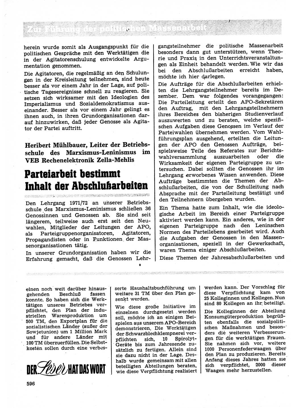 Neuer Weg (NW), Organ des Zentralkomitees (ZK) der SED (Sozialistische Einheitspartei Deutschlands) für Fragen des Parteilebens, 27. Jahrgang [Deutsche Demokratische Republik (DDR)] 1972, Seite 596 (NW ZK SED DDR 1972, S. 596)