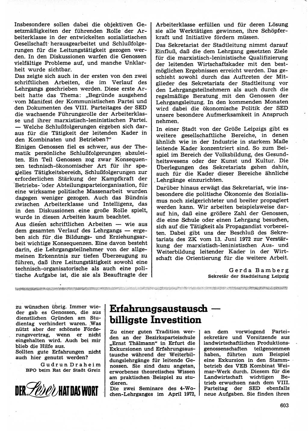 Neuer Weg (NW), Organ des Zentralkomitees (ZK) der SED (Sozialistische Einheitspartei Deutschlands) für Fragen des Parteilebens, 27. Jahrgang [Deutsche Demokratische Republik (DDR)] 1972, Seite 603 (NW ZK SED DDR 1972, S. 603)