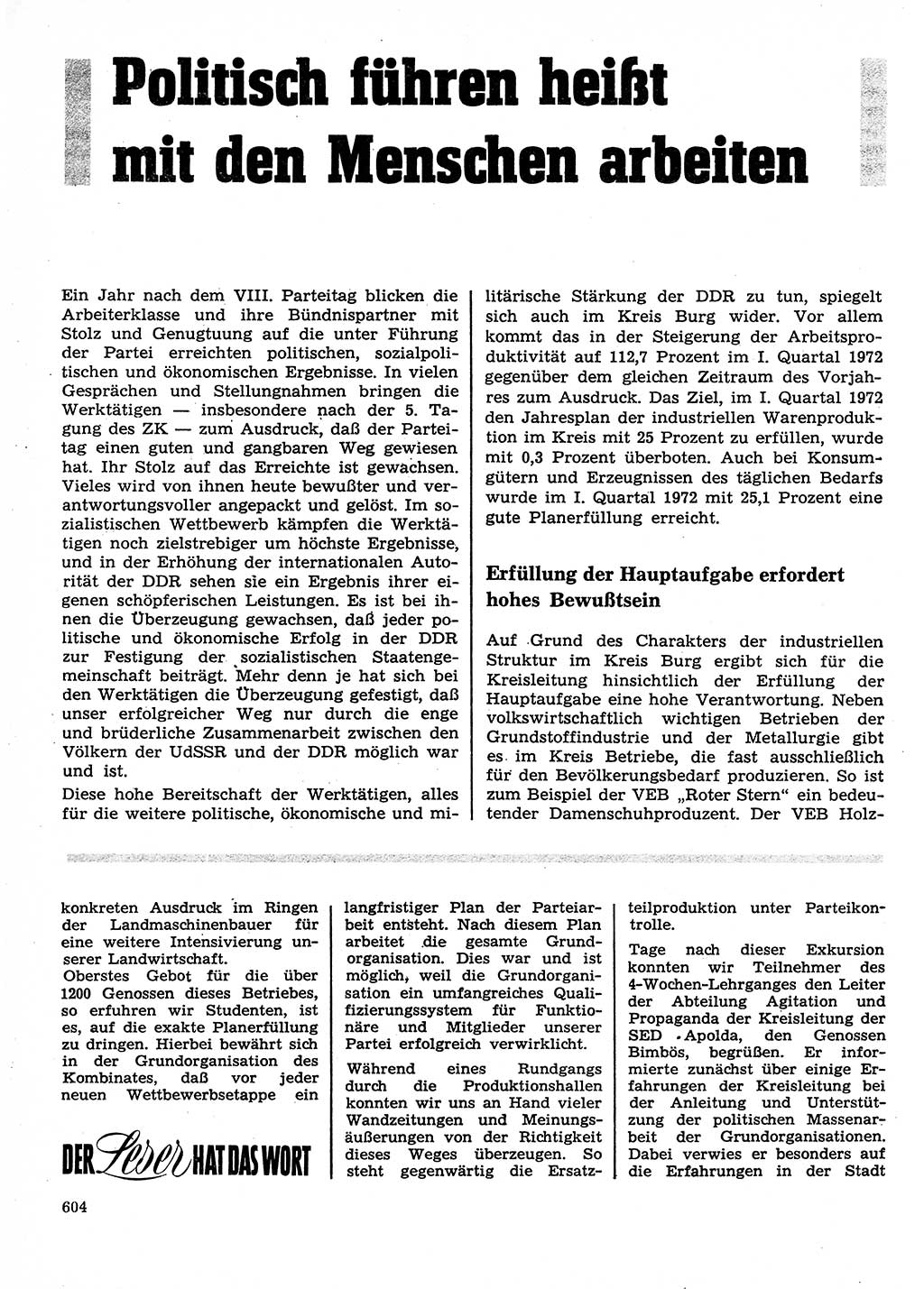 Neuer Weg (NW), Organ des Zentralkomitees (ZK) der SED (Sozialistische Einheitspartei Deutschlands) für Fragen des Parteilebens, 27. Jahrgang [Deutsche Demokratische Republik (DDR)] 1972, Seite 604 (NW ZK SED DDR 1972, S. 604)