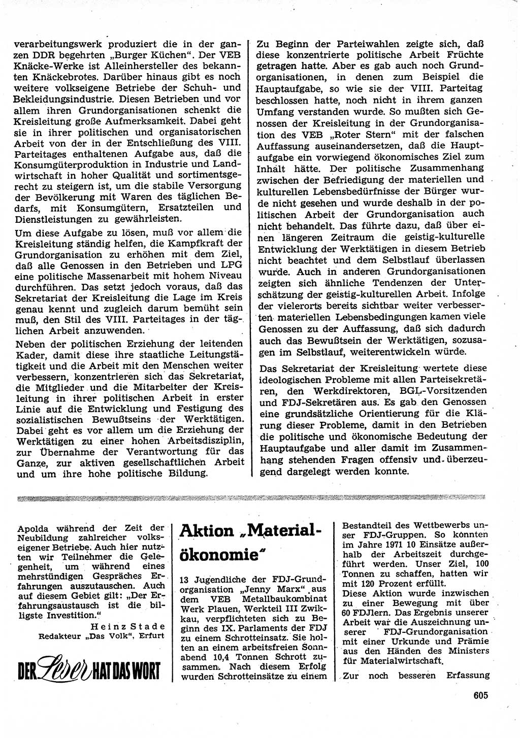 Neuer Weg (NW), Organ des Zentralkomitees (ZK) der SED (Sozialistische Einheitspartei Deutschlands) für Fragen des Parteilebens, 27. Jahrgang [Deutsche Demokratische Republik (DDR)] 1972, Seite 605 (NW ZK SED DDR 1972, S. 605)