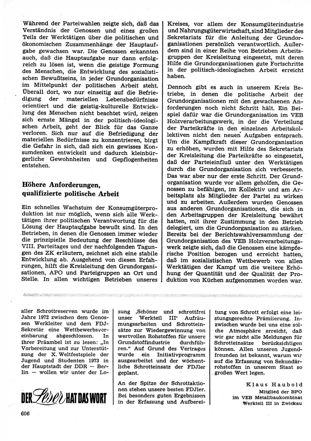 Neuer Weg (NW), Organ des Zentralkomitees (ZK) der SED (Sozialistische Einheitspartei Deutschlands) für Fragen des Parteilebens, 27. Jahrgang [Deutsche Demokratische Republik (DDR)] 1972, Seite 606 (NW ZK SED DDR 1972, S. 606)
