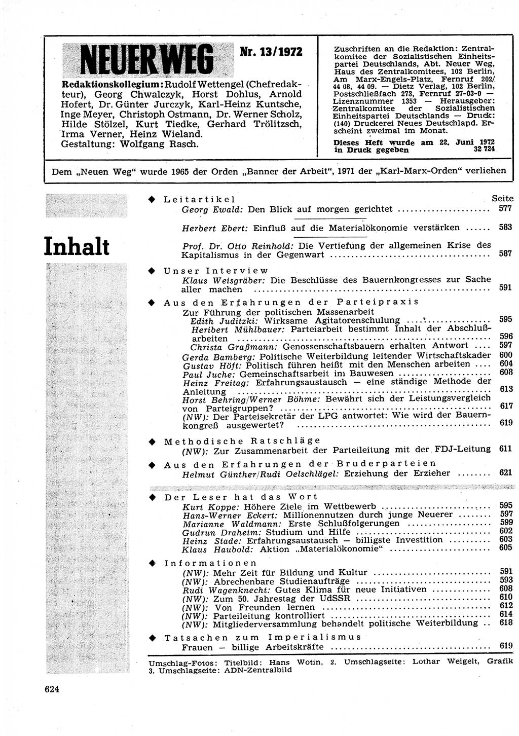 Neuer Weg (NW), Organ des Zentralkomitees (ZK) der SED (Sozialistische Einheitspartei Deutschlands) für Fragen des Parteilebens, 27. Jahrgang [Deutsche Demokratische Republik (DDR)] 1972, Seite 624 (NW ZK SED DDR 1972, S. 624)