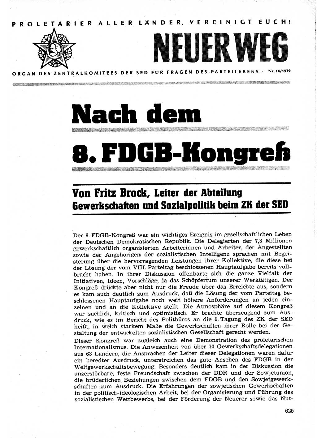 Neuer Weg (NW), Organ des Zentralkomitees (ZK) der SED (Sozialistische Einheitspartei Deutschlands) für Fragen des Parteilebens, 27. Jahrgang [Deutsche Demokratische Republik (DDR)] 1972, Seite 625 (NW ZK SED DDR 1972, S. 625)