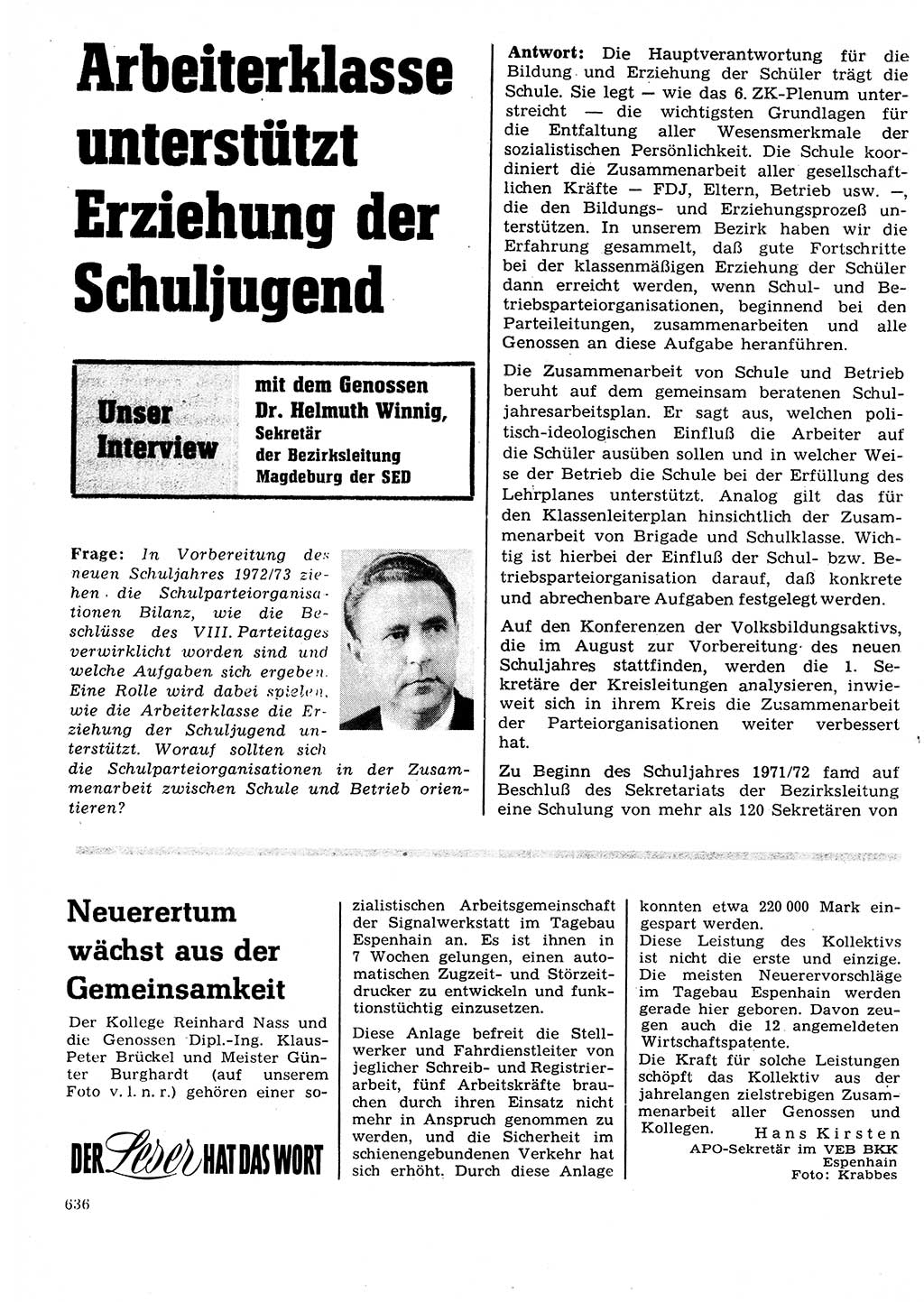 Neuer Weg (NW), Organ des Zentralkomitees (ZK) der SED (Sozialistische Einheitspartei Deutschlands) für Fragen des Parteilebens, 27. Jahrgang [Deutsche Demokratische Republik (DDR)] 1972, Seite 636 (NW ZK SED DDR 1972, S. 636)