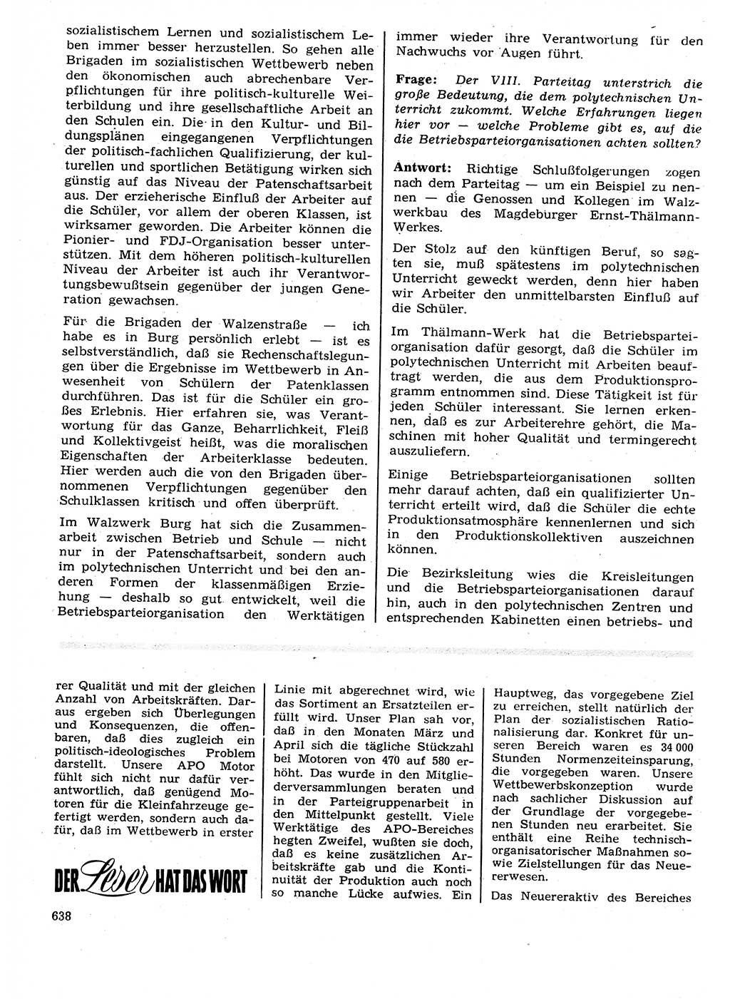 Neuer Weg (NW), Organ des Zentralkomitees (ZK) der SED (Sozialistische Einheitspartei Deutschlands) für Fragen des Parteilebens, 27. Jahrgang [Deutsche Demokratische Republik (DDR)] 1972, Seite 638 (NW ZK SED DDR 1972, S. 638)