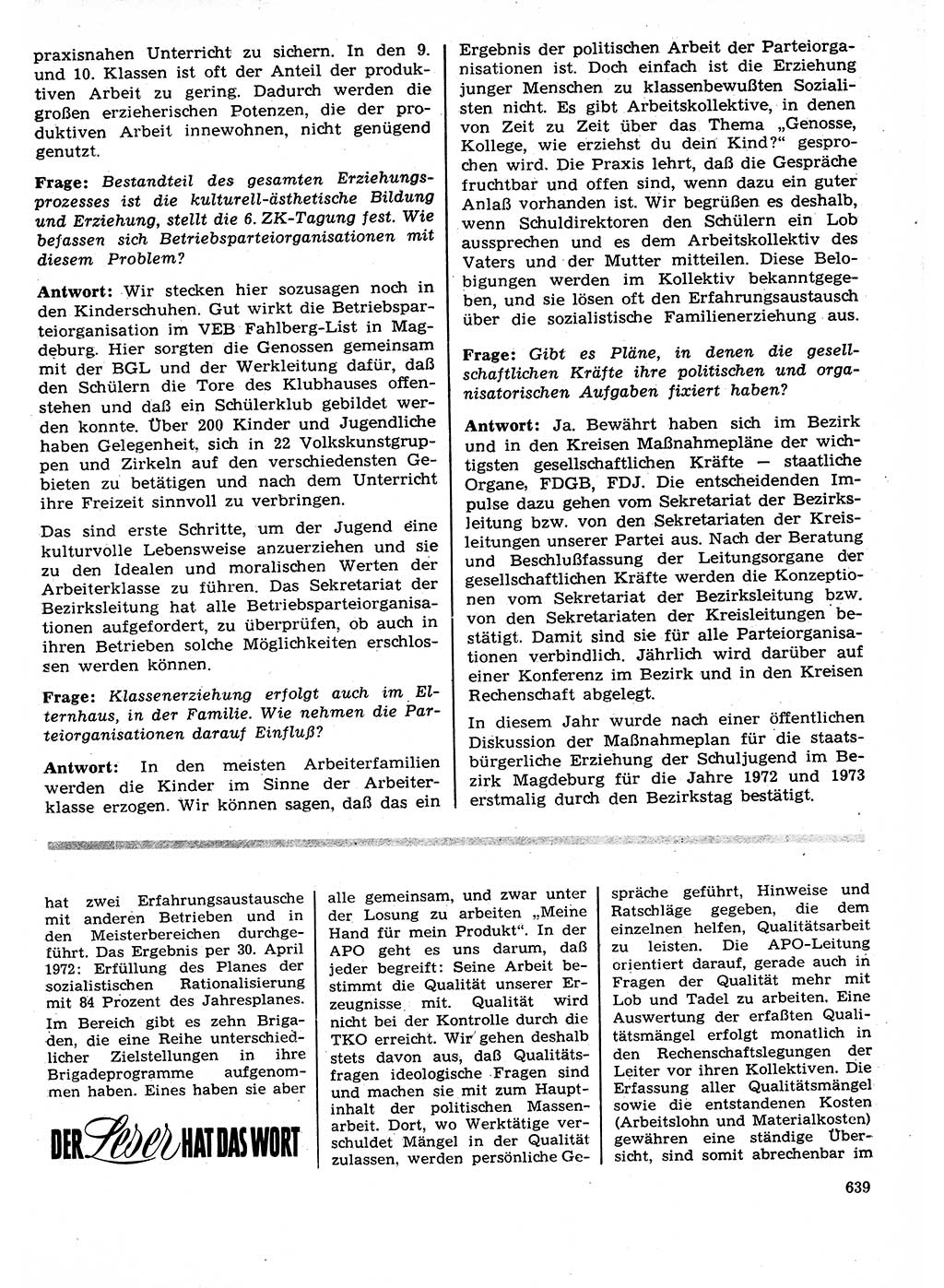 Neuer Weg (NW), Organ des Zentralkomitees (ZK) der SED (Sozialistische Einheitspartei Deutschlands) für Fragen des Parteilebens, 27. Jahrgang [Deutsche Demokratische Republik (DDR)] 1972, Seite 639 (NW ZK SED DDR 1972, S. 639)