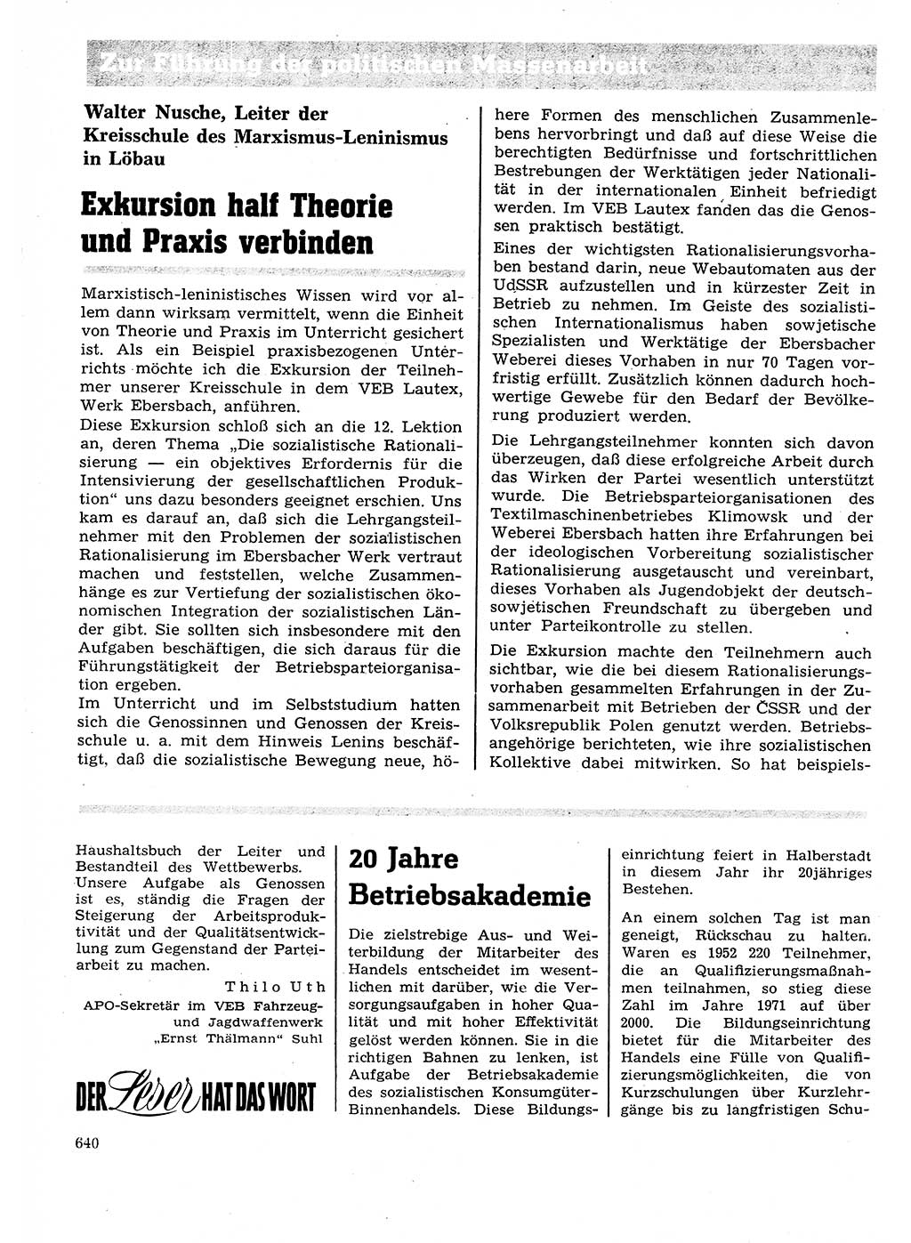 Neuer Weg (NW), Organ des Zentralkomitees (ZK) der SED (Sozialistische Einheitspartei Deutschlands) für Fragen des Parteilebens, 27. Jahrgang [Deutsche Demokratische Republik (DDR)] 1972, Seite 640 (NW ZK SED DDR 1972, S. 640)