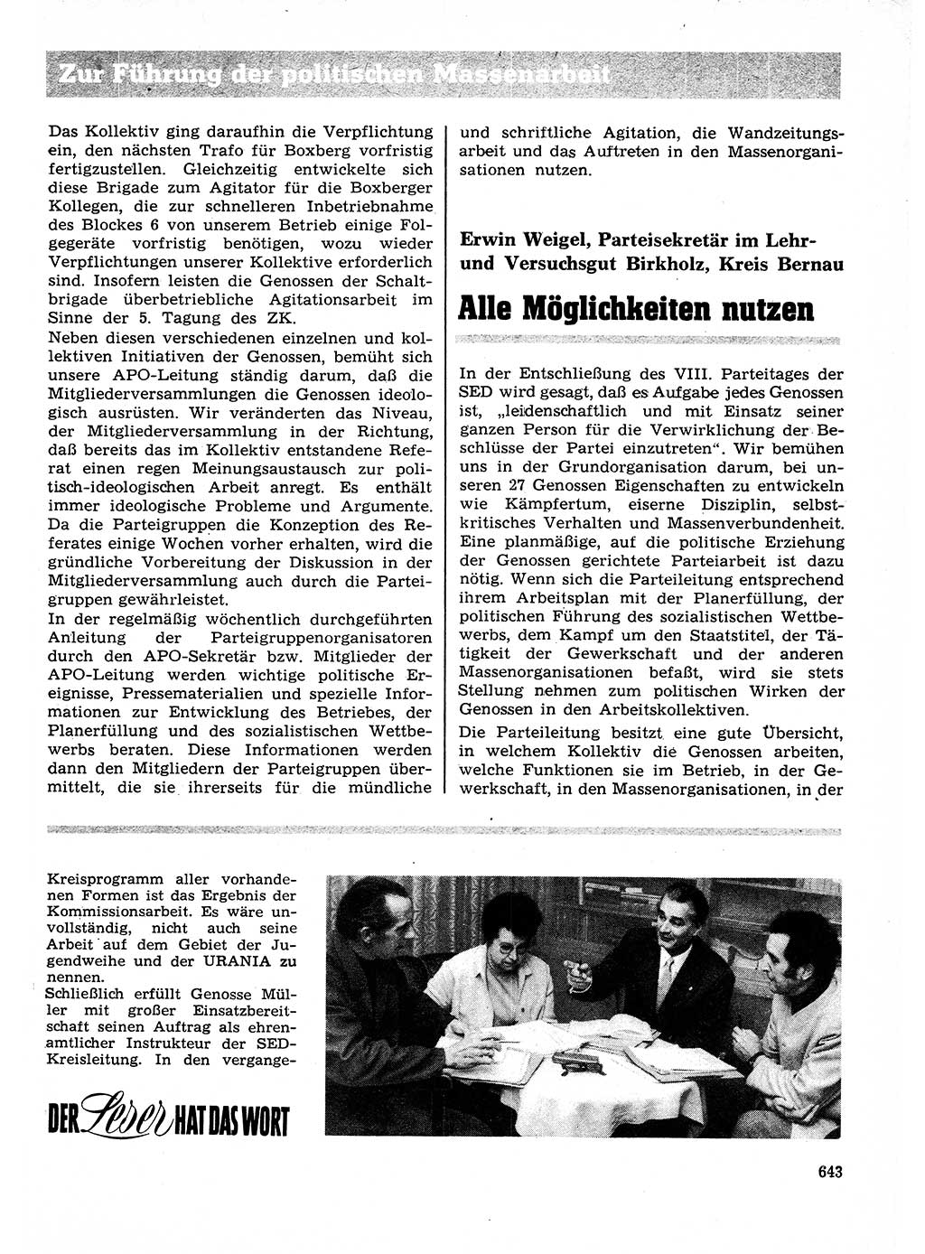 Neuer Weg (NW), Organ des Zentralkomitees (ZK) der SED (Sozialistische Einheitspartei Deutschlands) für Fragen des Parteilebens, 27. Jahrgang [Deutsche Demokratische Republik (DDR)] 1972, Seite 643 (NW ZK SED DDR 1972, S. 643)