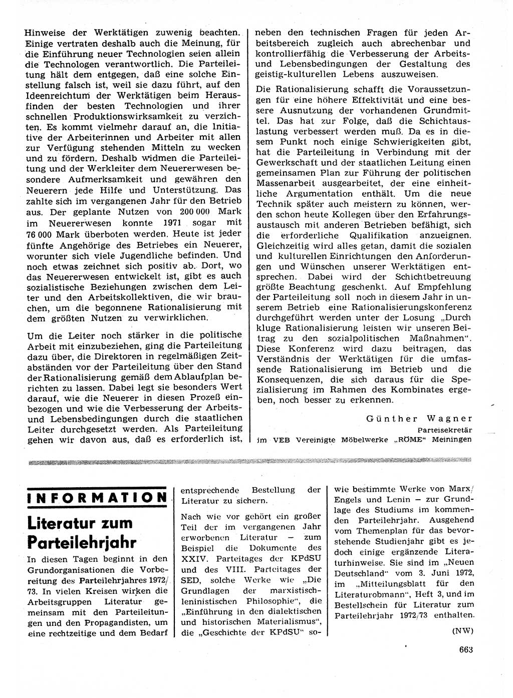 Neuer Weg (NW), Organ des Zentralkomitees (ZK) der SED (Sozialistische Einheitspartei Deutschlands) für Fragen des Parteilebens, 27. Jahrgang [Deutsche Demokratische Republik (DDR)] 1972, Seite 663 (NW ZK SED DDR 1972, S. 663)