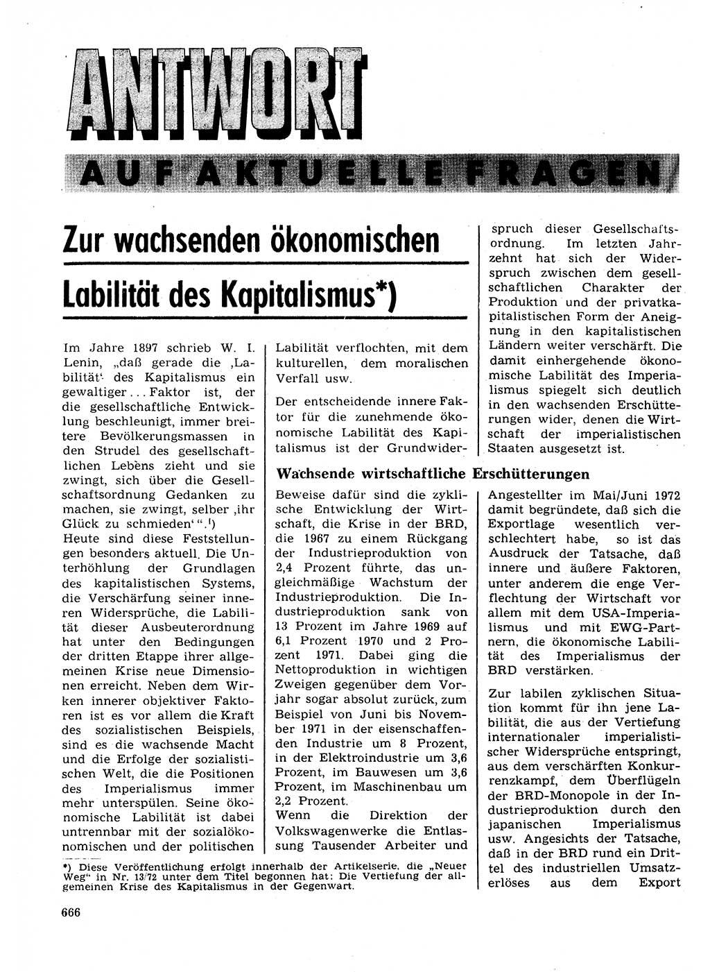 Neuer Weg (NW), Organ des Zentralkomitees (ZK) der SED (Sozialistische Einheitspartei Deutschlands) für Fragen des Parteilebens, 27. Jahrgang [Deutsche Demokratische Republik (DDR)] 1972, Seite 666 (NW ZK SED DDR 1972, S. 666)