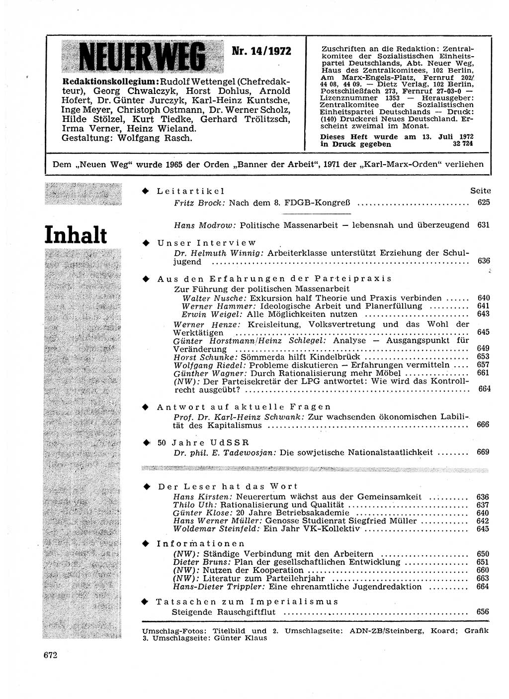 Neuer Weg (NW), Organ des Zentralkomitees (ZK) der SED (Sozialistische Einheitspartei Deutschlands) für Fragen des Parteilebens, 27. Jahrgang [Deutsche Demokratische Republik (DDR)] 1972, Seite 672 (NW ZK SED DDR 1972, S. 672)