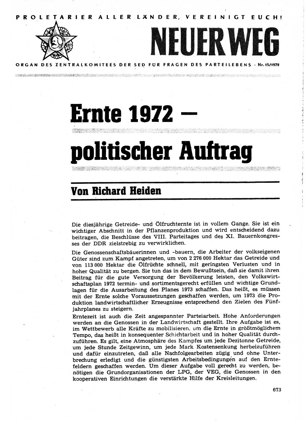 Neuer Weg (NW), Organ des Zentralkomitees (ZK) der SED (Sozialistische Einheitspartei Deutschlands) für Fragen des Parteilebens, 27. Jahrgang [Deutsche Demokratische Republik (DDR)] 1972, Seite 673 (NW ZK SED DDR 1972, S. 673)