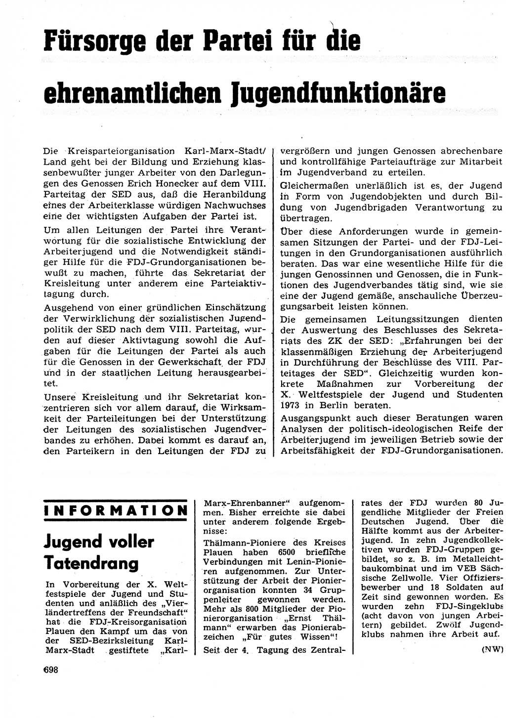 Neuer Weg (NW), Organ des Zentralkomitees (ZK) der SED (Sozialistische Einheitspartei Deutschlands) für Fragen des Parteilebens, 27. Jahrgang [Deutsche Demokratische Republik (DDR)] 1972, Seite 698 (NW ZK SED DDR 1972, S. 698)