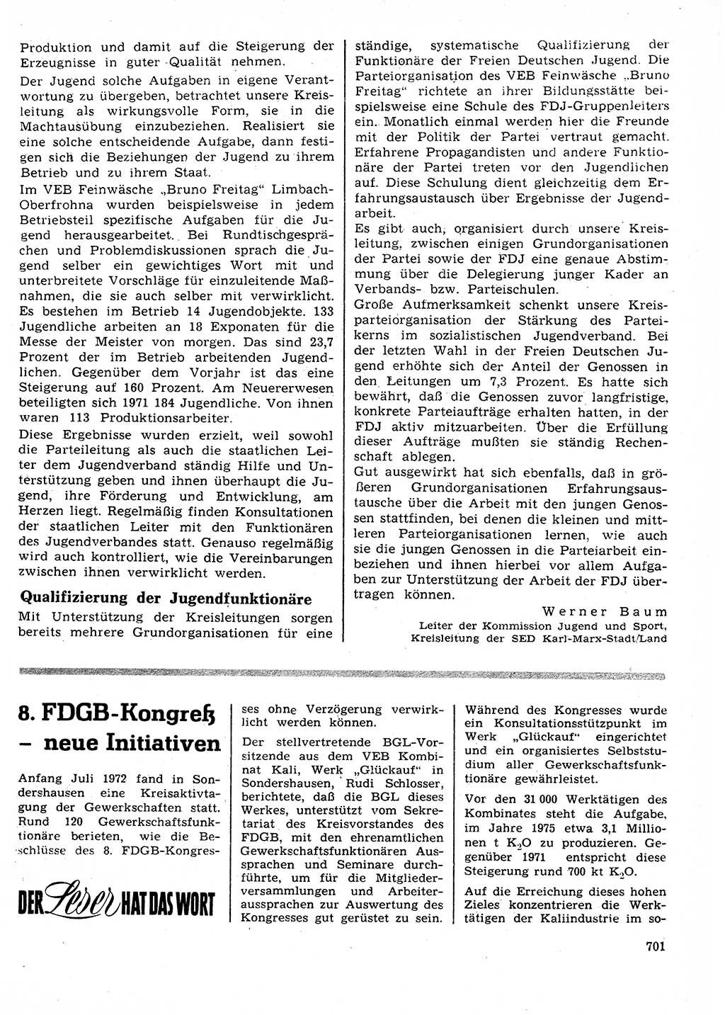 Neuer Weg (NW), Organ des Zentralkomitees (ZK) der SED (Sozialistische Einheitspartei Deutschlands) für Fragen des Parteilebens, 27. Jahrgang [Deutsche Demokratische Republik (DDR)] 1972, Seite 701 (NW ZK SED DDR 1972, S. 701)