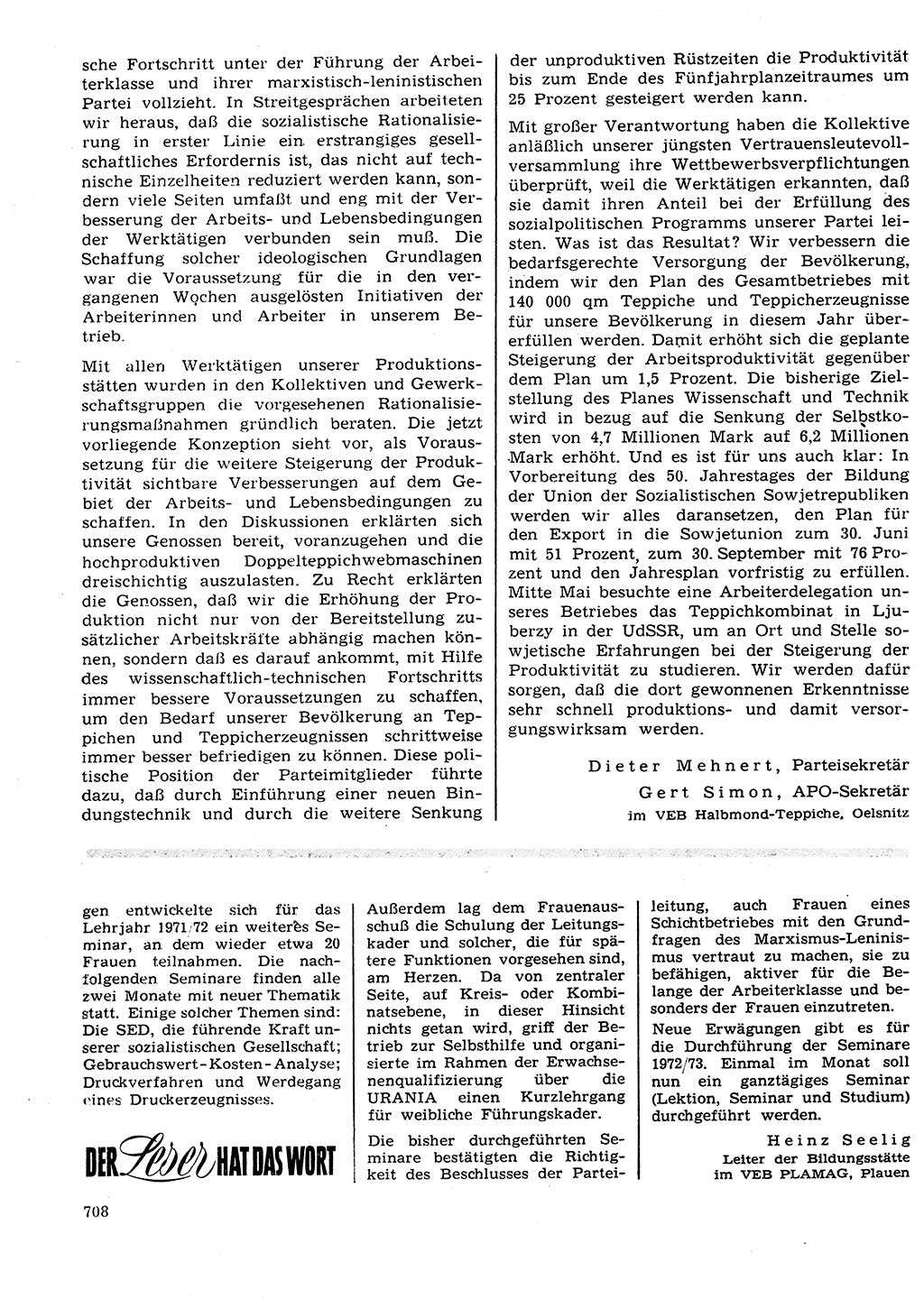 Neuer Weg (NW), Organ des Zentralkomitees (ZK) der SED (Sozialistische Einheitspartei Deutschlands) für Fragen des Parteilebens, 27. Jahrgang [Deutsche Demokratische Republik (DDR)] 1972, Seite 708 (NW ZK SED DDR 1972, S. 708)