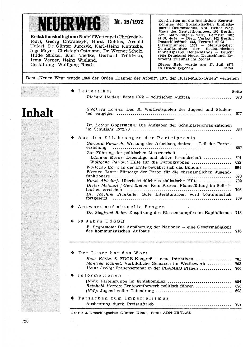 Neuer Weg (NW), Organ des Zentralkomitees (ZK) der SED (Sozialistische Einheitspartei Deutschlands) für Fragen des Parteilebens, 27. Jahrgang [Deutsche Demokratische Republik (DDR)] 1972, Seite 720 (NW ZK SED DDR 1972, S. 720)