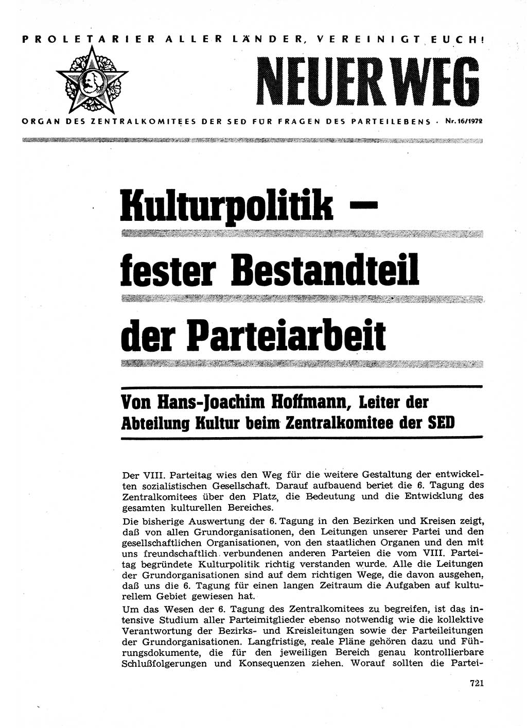 Neuer Weg (NW), Organ des Zentralkomitees (ZK) der SED (Sozialistische Einheitspartei Deutschlands) für Fragen des Parteilebens, 27. Jahrgang [Deutsche Demokratische Republik (DDR)] 1972, Seite 721 (NW ZK SED DDR 1972, S. 721)