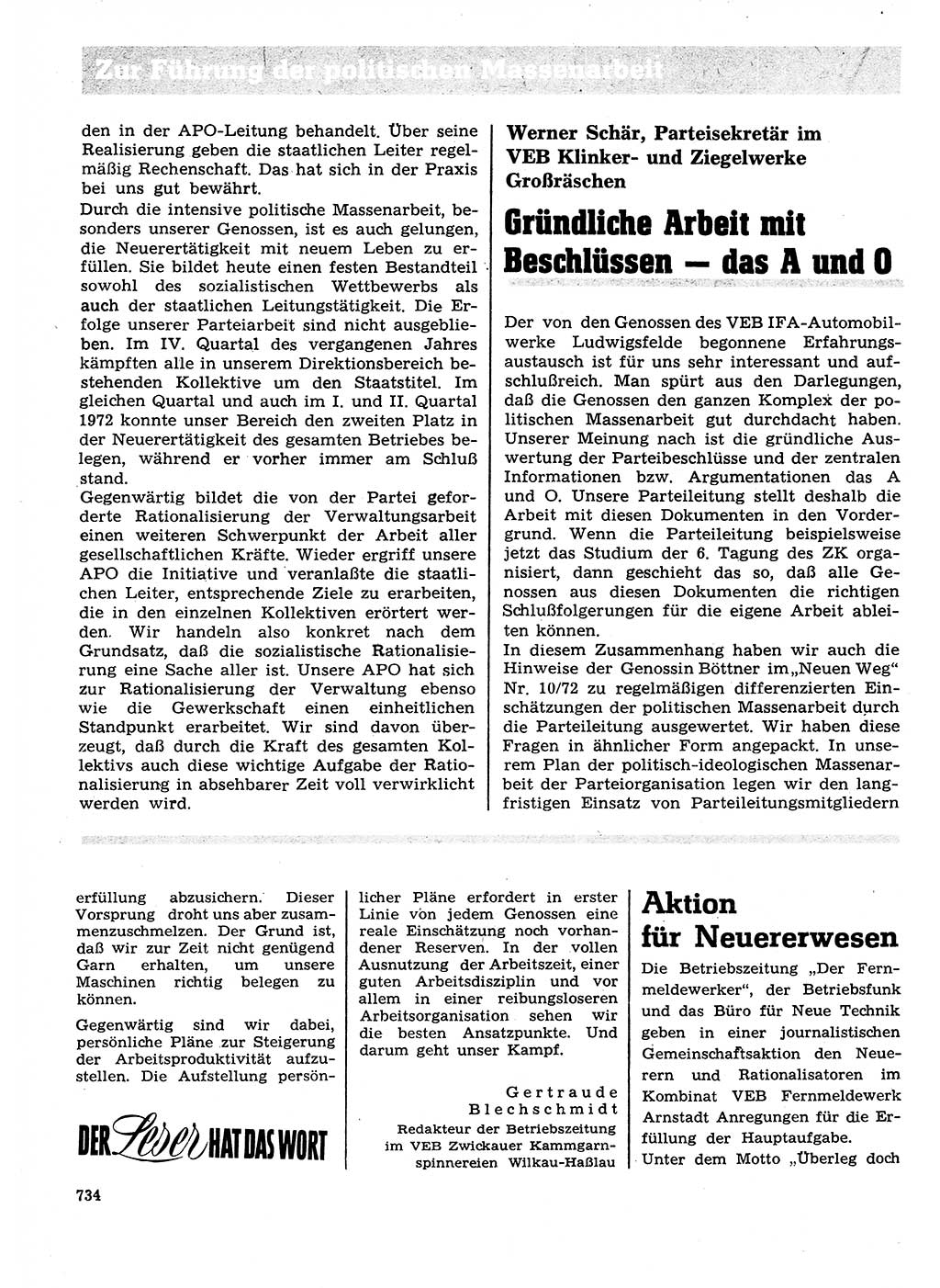 Neuer Weg (NW), Organ des Zentralkomitees (ZK) der SED (Sozialistische Einheitspartei Deutschlands) für Fragen des Parteilebens, 27. Jahrgang [Deutsche Demokratische Republik (DDR)] 1972, Seite 734 (NW ZK SED DDR 1972, S. 734)