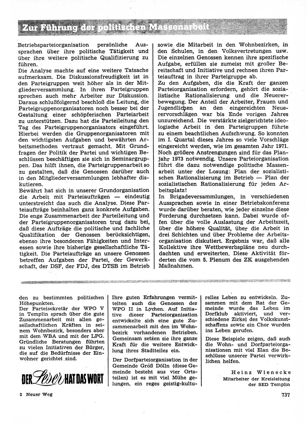 Neuer Weg (NW), Organ des Zentralkomitees (ZK) der SED (Sozialistische Einheitspartei Deutschlands) für Fragen des Parteilebens, 27. Jahrgang [Deutsche Demokratische Republik (DDR)] 1972, Seite 737 (NW ZK SED DDR 1972, S. 737)