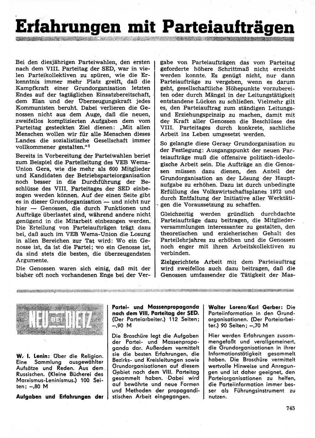 Neuer Weg (NW), Organ des Zentralkomitees (ZK) der SED (Sozialistische Einheitspartei Deutschlands) für Fragen des Parteilebens, 27. Jahrgang [Deutsche Demokratische Republik (DDR)] 1972, Seite 745 (NW ZK SED DDR 1972, S. 745)