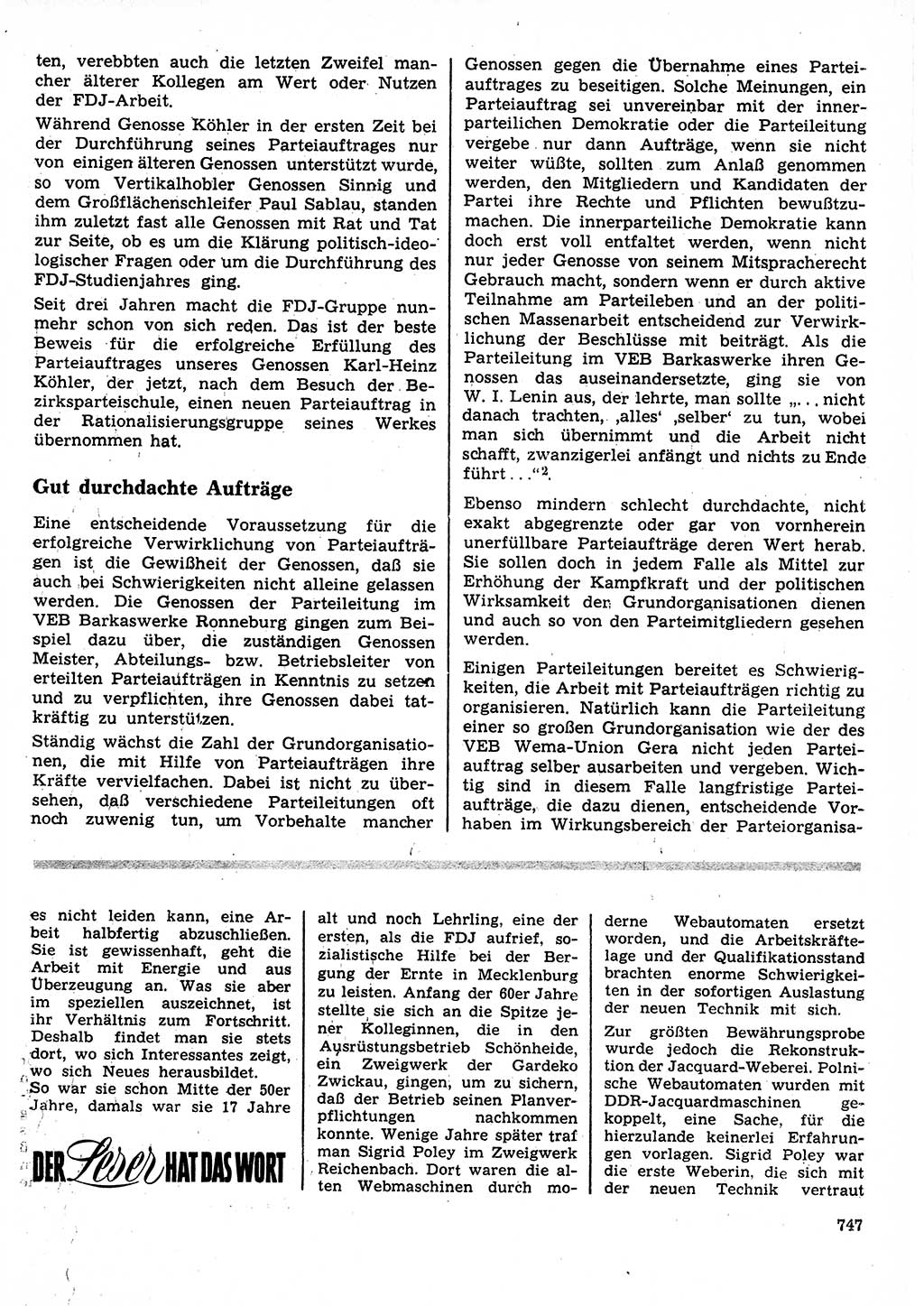 Neuer Weg (NW), Organ des Zentralkomitees (ZK) der SED (Sozialistische Einheitspartei Deutschlands) für Fragen des Parteilebens, 27. Jahrgang [Deutsche Demokratische Republik (DDR)] 1972, Seite 747 (NW ZK SED DDR 1972, S. 747)