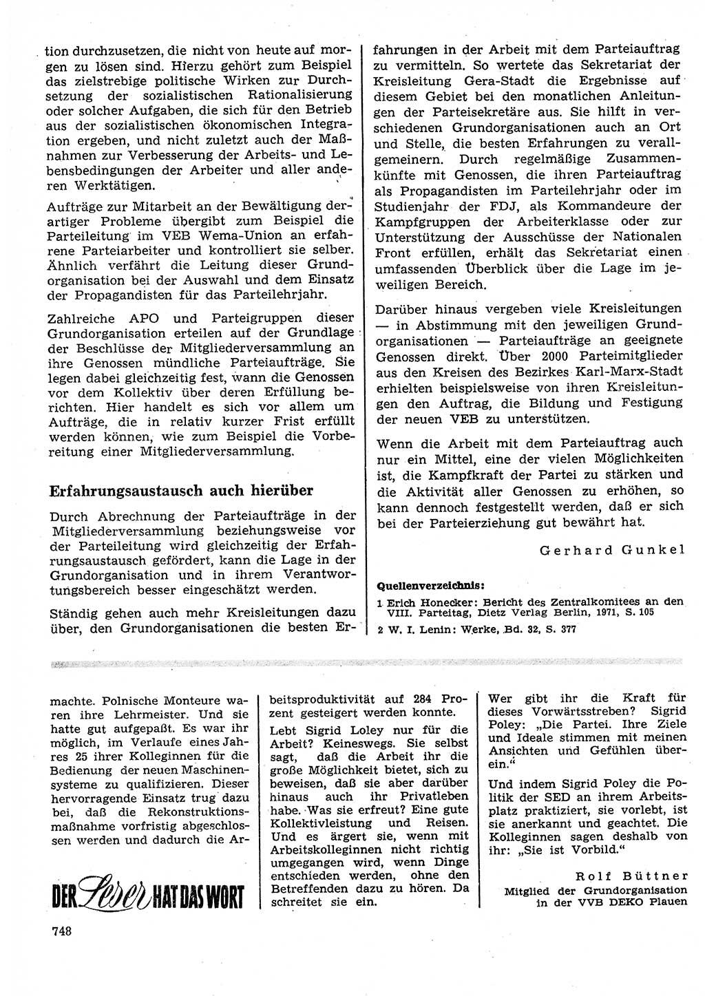 Neuer Weg (NW), Organ des Zentralkomitees (ZK) der SED (Sozialistische Einheitspartei Deutschlands) für Fragen des Parteilebens, 27. Jahrgang [Deutsche Demokratische Republik (DDR)] 1972, Seite 748 (NW ZK SED DDR 1972, S. 748)