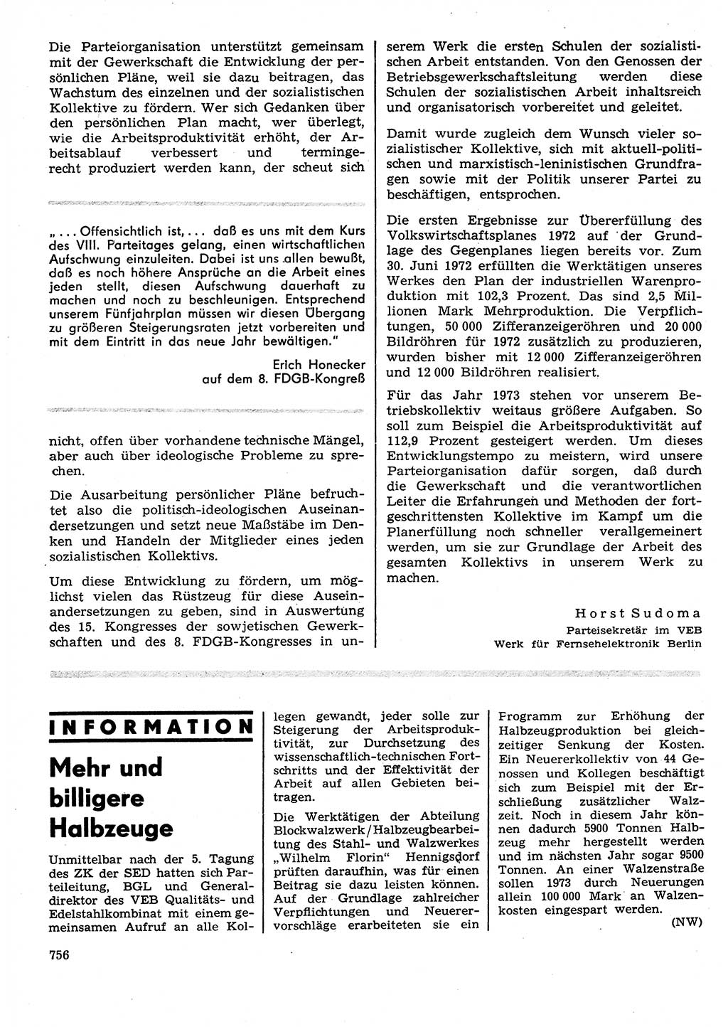 Neuer Weg (NW), Organ des Zentralkomitees (ZK) der SED (Sozialistische Einheitspartei Deutschlands) für Fragen des Parteilebens, 27. Jahrgang [Deutsche Demokratische Republik (DDR)] 1972, Seite 756 (NW ZK SED DDR 1972, S. 756)