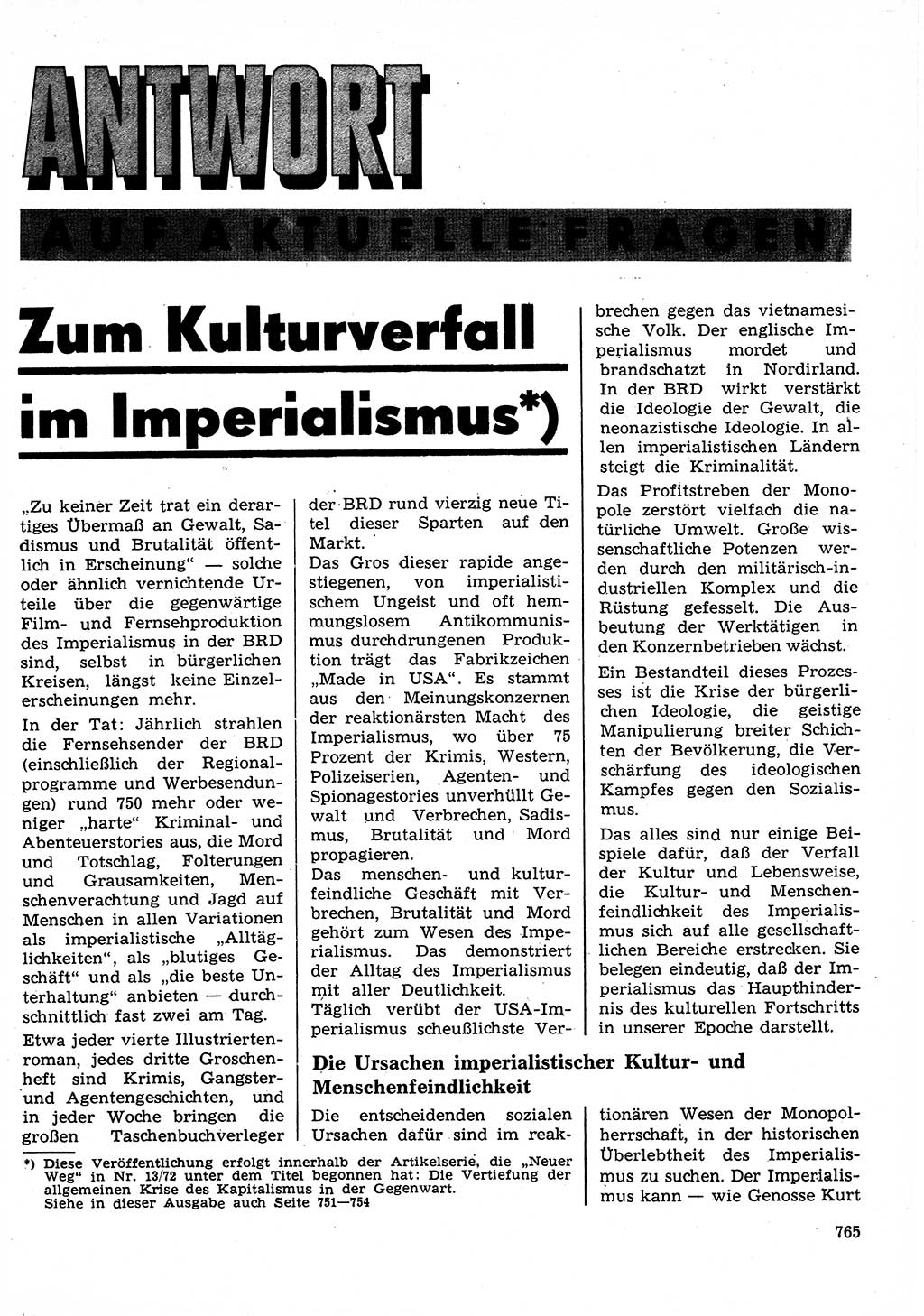 Neuer Weg (NW), Organ des Zentralkomitees (ZK) der SED (Sozialistische Einheitspartei Deutschlands) für Fragen des Parteilebens, 27. Jahrgang [Deutsche Demokratische Republik (DDR)] 1972, Seite 765 (NW ZK SED DDR 1972, S. 765)