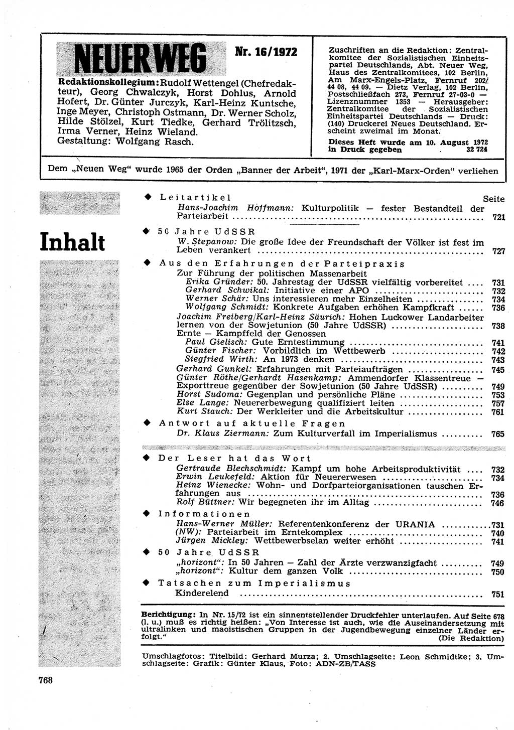 Neuer Weg (NW), Organ des Zentralkomitees (ZK) der SED (Sozialistische Einheitspartei Deutschlands) für Fragen des Parteilebens, 27. Jahrgang [Deutsche Demokratische Republik (DDR)] 1972, Seite 768 (NW ZK SED DDR 1972, S. 768)