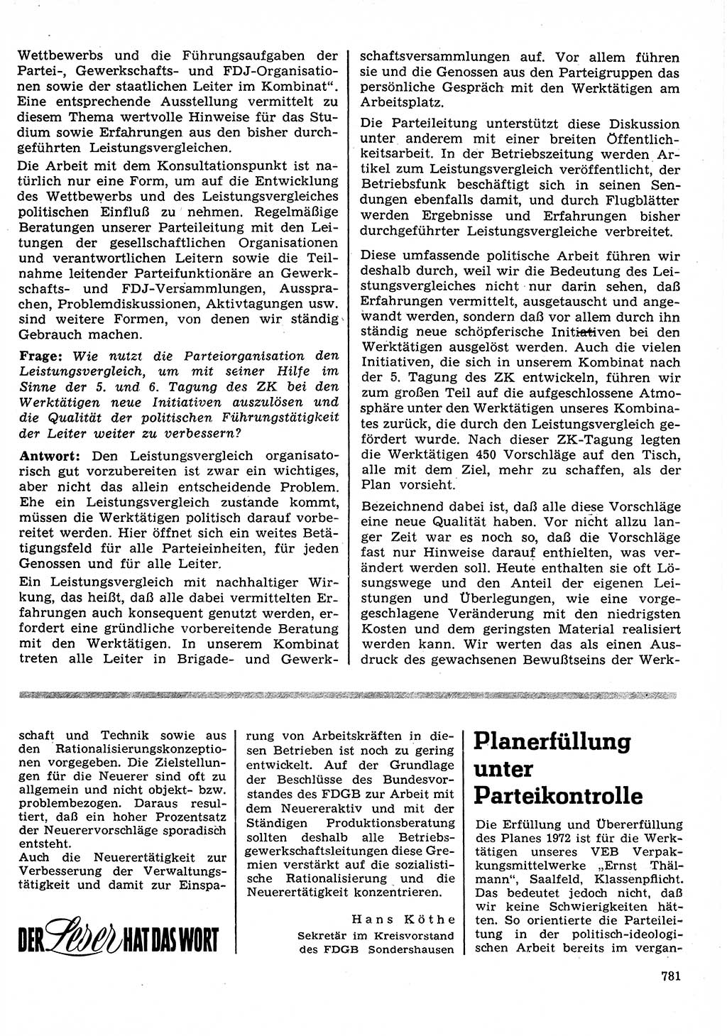 Neuer Weg (NW), Organ des Zentralkomitees (ZK) der SED (Sozialistische Einheitspartei Deutschlands) für Fragen des Parteilebens, 27. Jahrgang [Deutsche Demokratische Republik (DDR)] 1972, Seite 781 (NW ZK SED DDR 1972, S. 781)