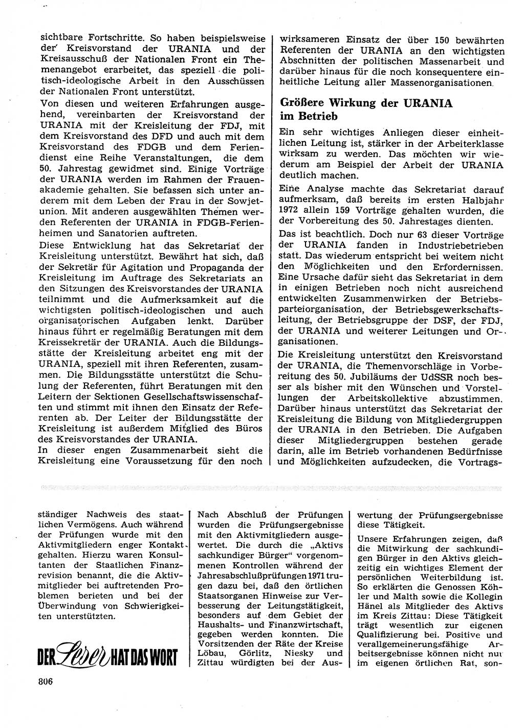 Neuer Weg (NW), Organ des Zentralkomitees (ZK) der SED (Sozialistische Einheitspartei Deutschlands) für Fragen des Parteilebens, 27. Jahrgang [Deutsche Demokratische Republik (DDR)] 1972, Seite 806 (NW ZK SED DDR 1972, S. 806)