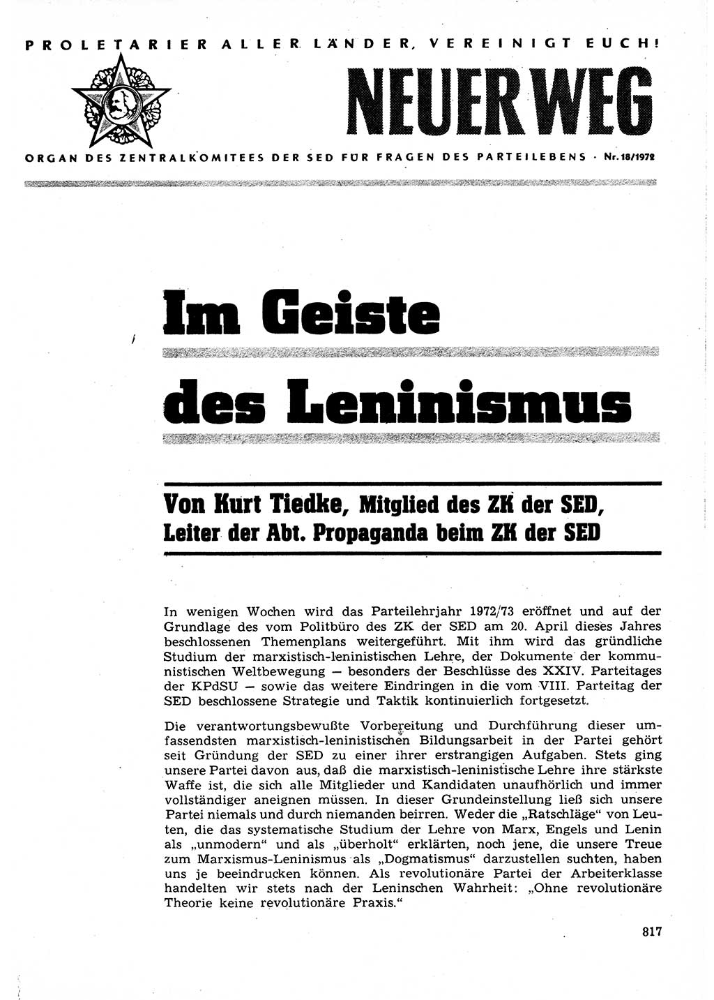 Neuer Weg (NW), Organ des Zentralkomitees (ZK) der SED (Sozialistische Einheitspartei Deutschlands) für Fragen des Parteilebens, 27. Jahrgang [Deutsche Demokratische Republik (DDR)] 1972, Seite 817 (NW ZK SED DDR 1972, S. 817)