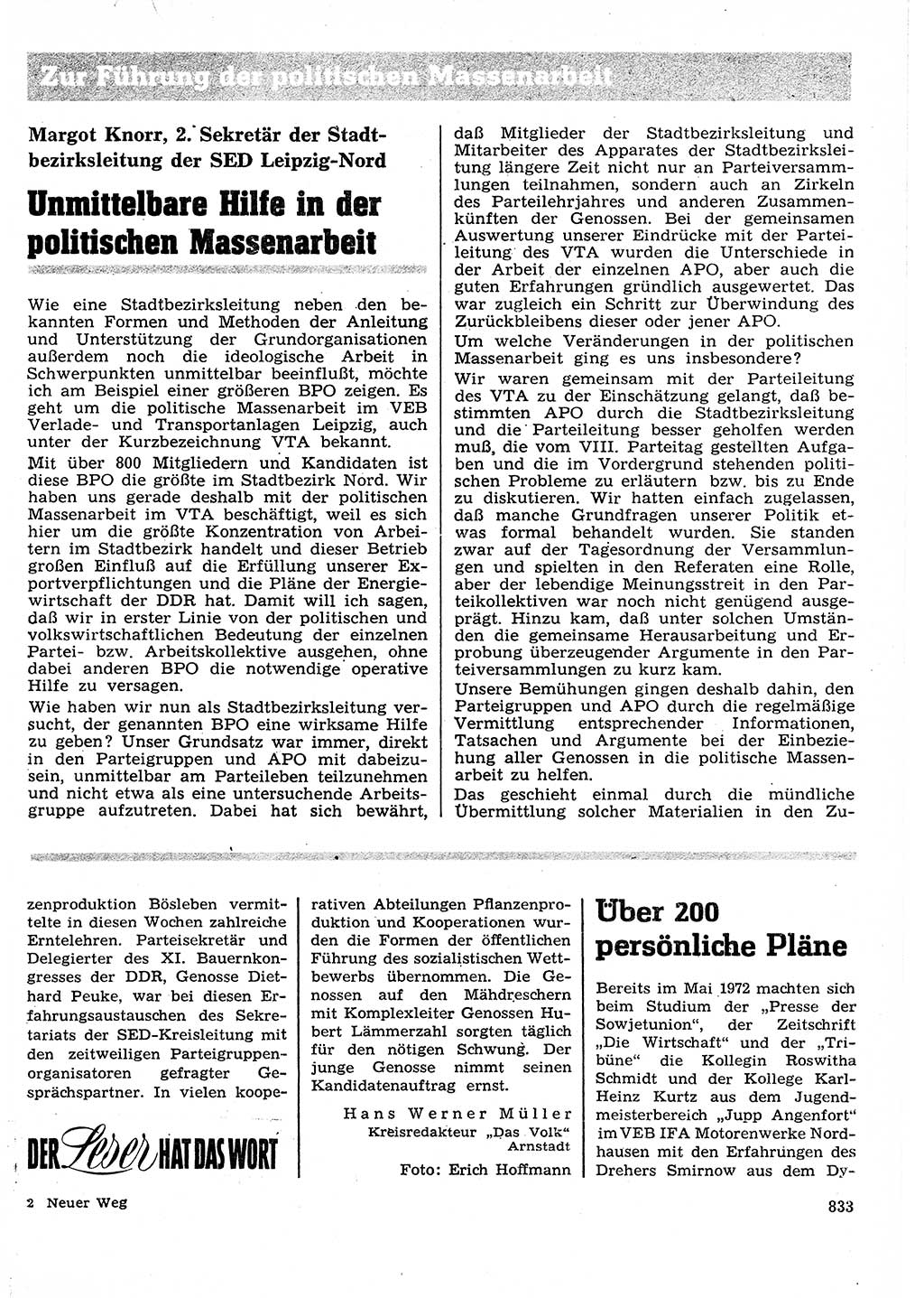 Neuer Weg (NW), Organ des Zentralkomitees (ZK) der SED (Sozialistische Einheitspartei Deutschlands) für Fragen des Parteilebens, 27. Jahrgang [Deutsche Demokratische Republik (DDR)] 1972, Seite 833 (NW ZK SED DDR 1972, S. 833)