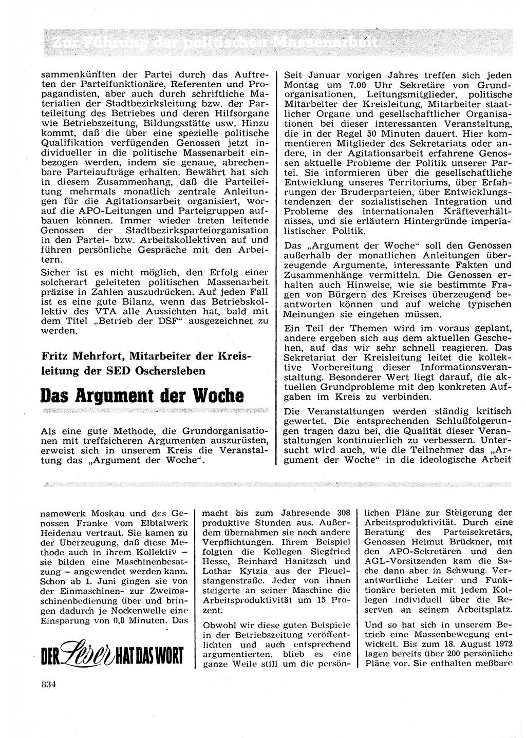 Neuer Weg (NW), Organ des Zentralkomitees (ZK) der SED (Sozialistische Einheitspartei Deutschlands) für Fragen des Parteilebens, 27. Jahrgang [Deutsche Demokratische Republik (DDR)] 1972, Seite 834 (NW ZK SED DDR 1972, S. 834)