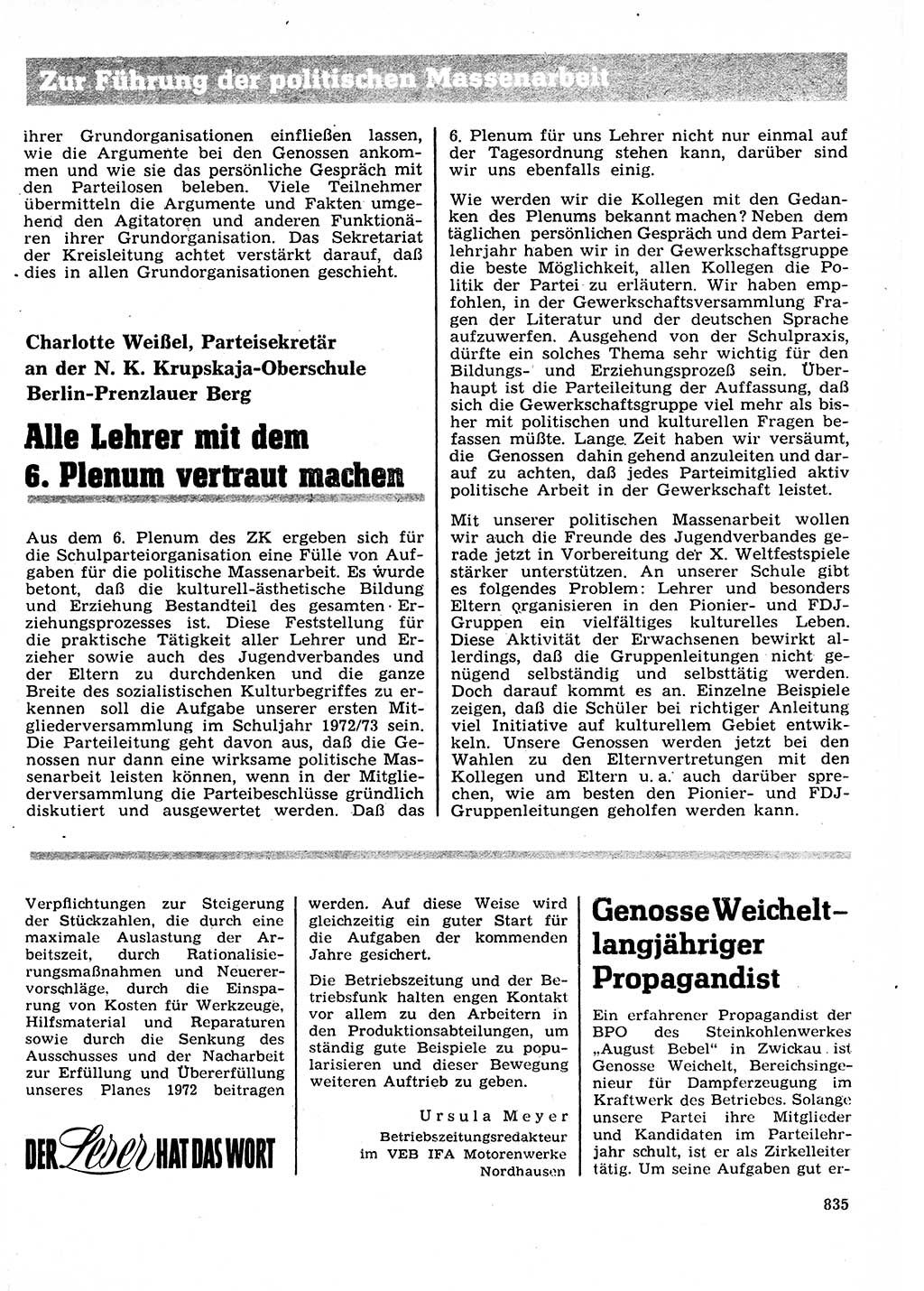 Neuer Weg (NW), Organ des Zentralkomitees (ZK) der SED (Sozialistische Einheitspartei Deutschlands) für Fragen des Parteilebens, 27. Jahrgang [Deutsche Demokratische Republik (DDR)] 1972, Seite 835 (NW ZK SED DDR 1972, S. 835)