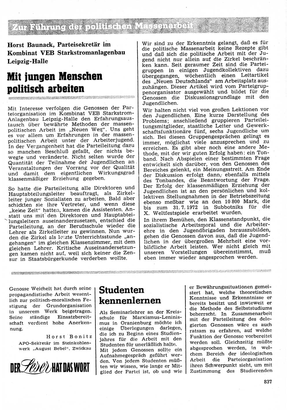 Neuer Weg (NW), Organ des Zentralkomitees (ZK) der SED (Sozialistische Einheitspartei Deutschlands) für Fragen des Parteilebens, 27. Jahrgang [Deutsche Demokratische Republik (DDR)] 1972, Seite 837 (NW ZK SED DDR 1972, S. 837)