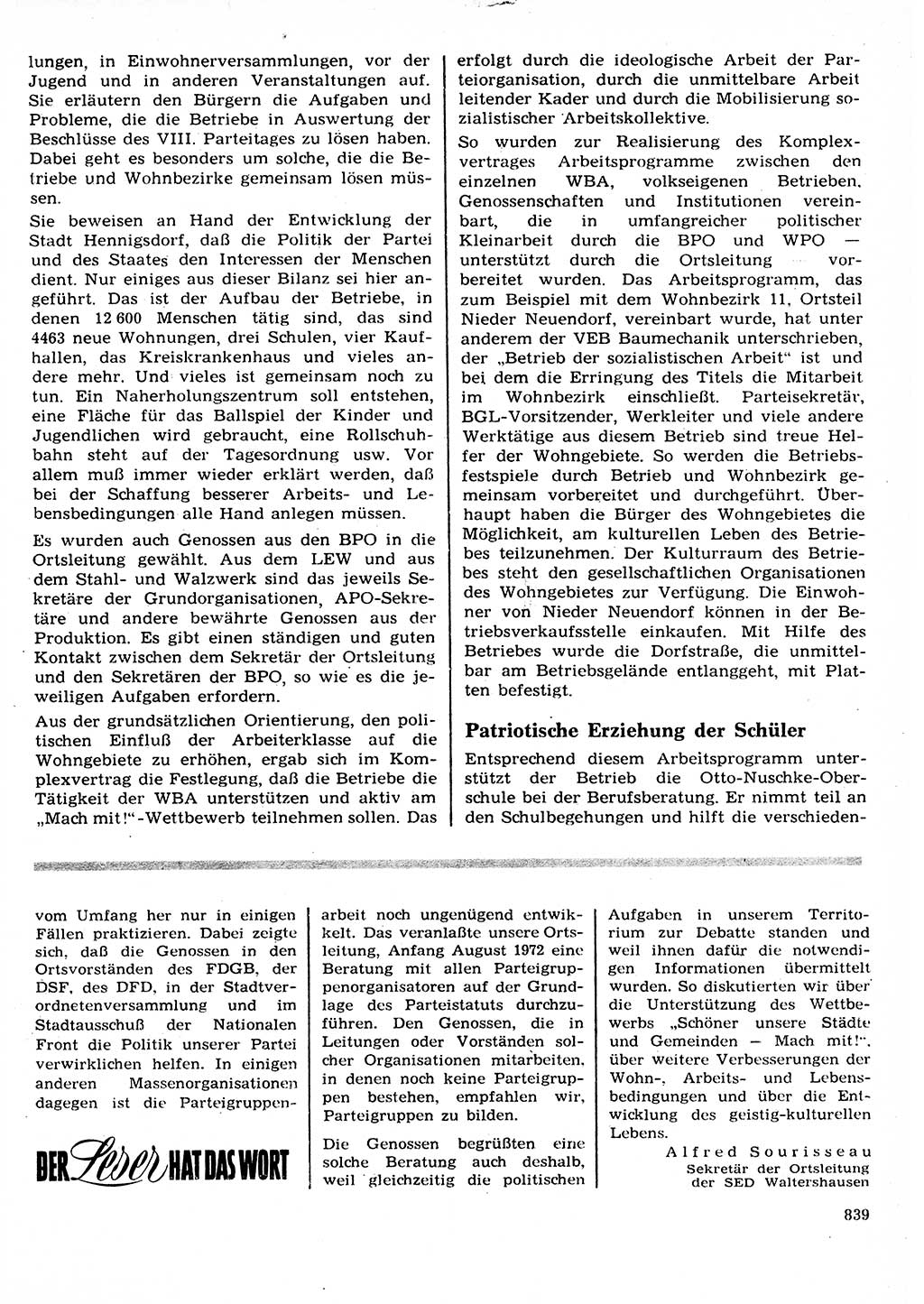 Neuer Weg (NW), Organ des Zentralkomitees (ZK) der SED (Sozialistische Einheitspartei Deutschlands) für Fragen des Parteilebens, 27. Jahrgang [Deutsche Demokratische Republik (DDR)] 1972, Seite 839 (NW ZK SED DDR 1972, S. 839)