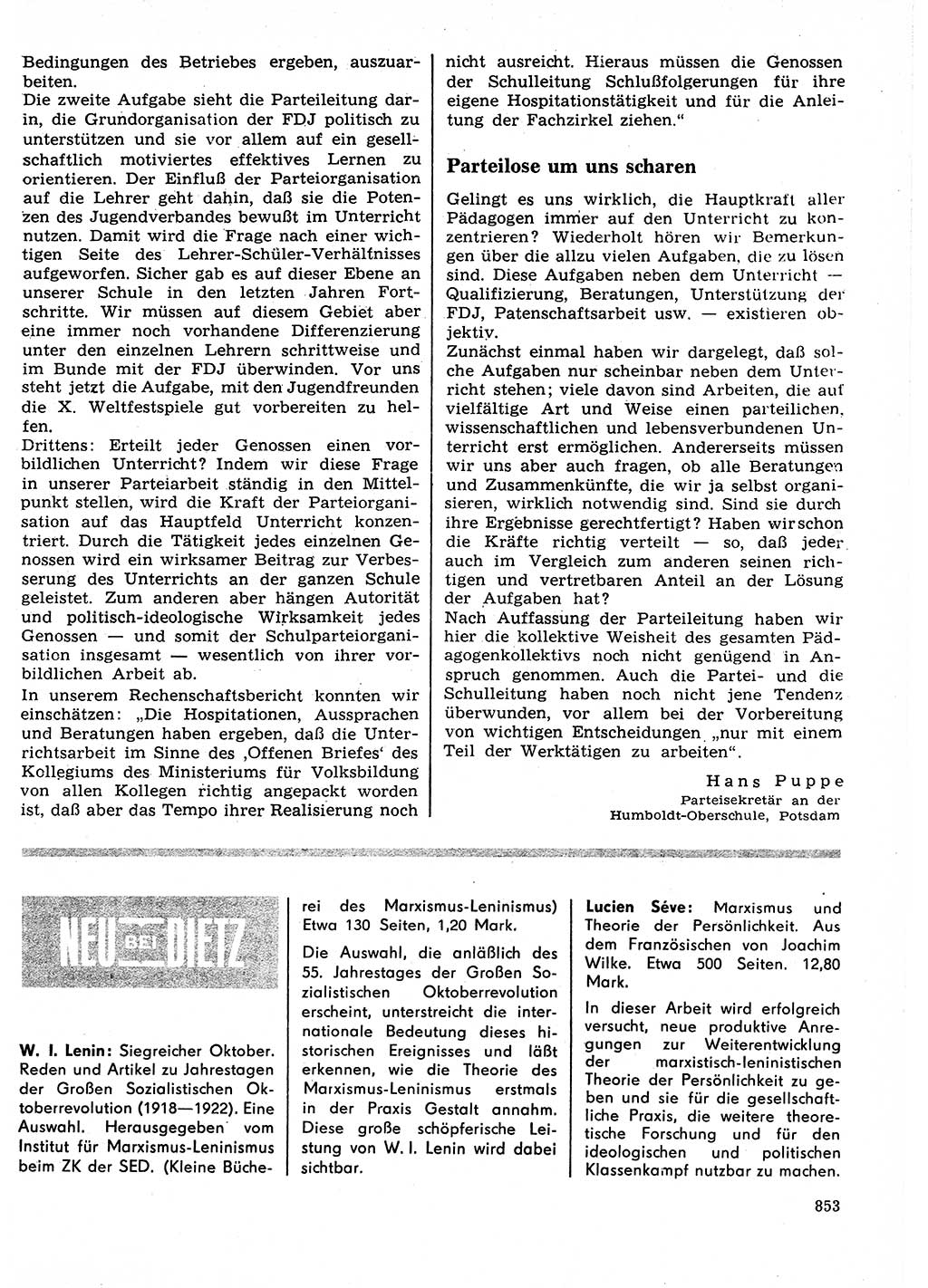 Neuer Weg (NW), Organ des Zentralkomitees (ZK) der SED (Sozialistische Einheitspartei Deutschlands) für Fragen des Parteilebens, 27. Jahrgang [Deutsche Demokratische Republik (DDR)] 1972, Seite 853 (NW ZK SED DDR 1972, S. 853)