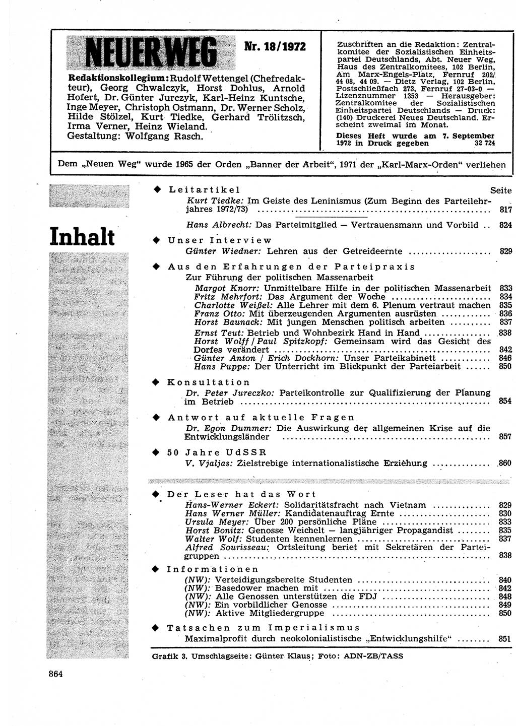 Neuer Weg (NW), Organ des Zentralkomitees (ZK) der SED (Sozialistische Einheitspartei Deutschlands) für Fragen des Parteilebens, 27. Jahrgang [Deutsche Demokratische Republik (DDR)] 1972, Seite 864 (NW ZK SED DDR 1972, S. 864)