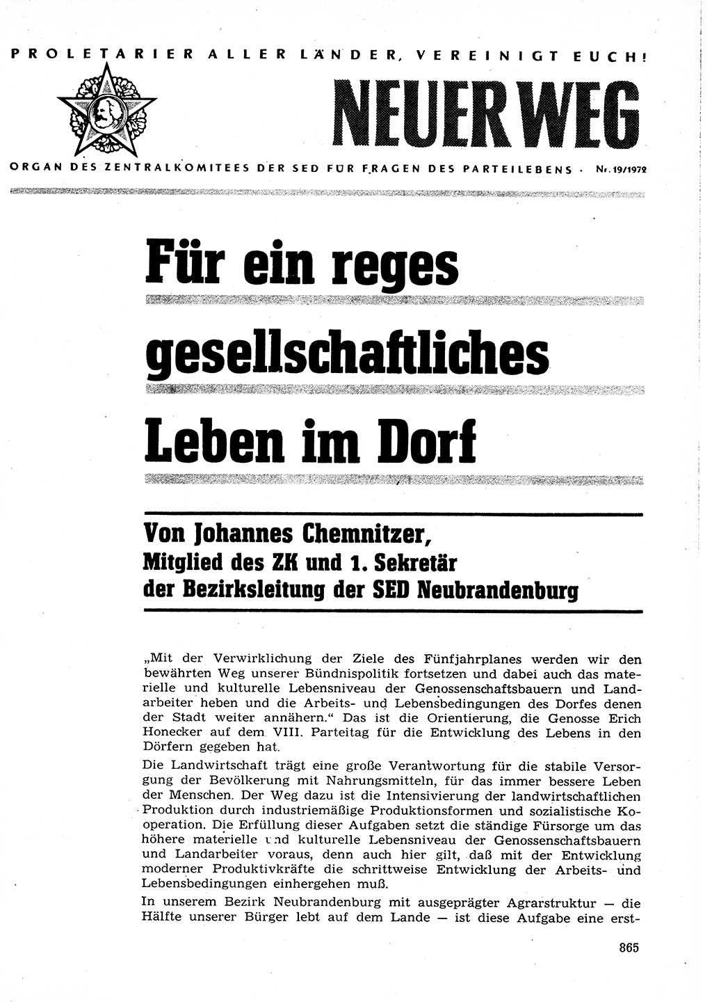 Neuer Weg (NW), Organ des Zentralkomitees (ZK) der SED (Sozialistische Einheitspartei Deutschlands) für Fragen des Parteilebens, 27. Jahrgang [Deutsche Demokratische Republik (DDR)] 1972, Seite 865 (NW ZK SED DDR 1972, S. 865)