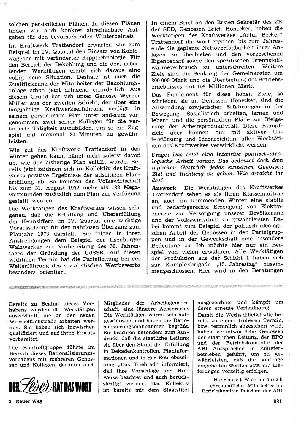 Neuer Weg (NW), Organ des Zentralkomitees (ZK) der SED (Sozialistische Einheitspartei Deutschlands) für Fragen des Parteilebens, 27. Jahrgang [Deutsche Demokratische Republik (DDR)] 1972, Seite 881 (NW ZK SED DDR 1972, S. 881)
