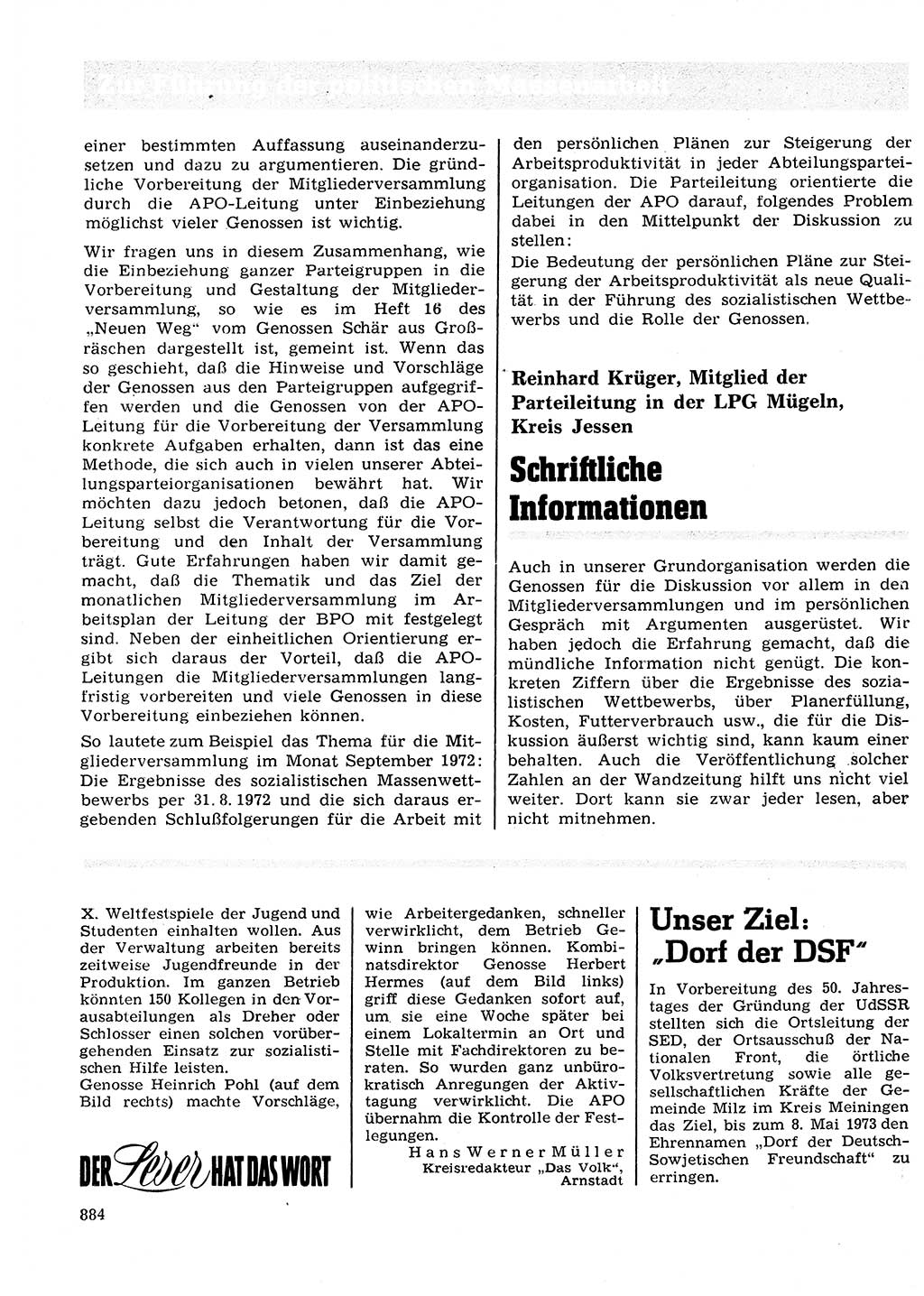 Neuer Weg (NW), Organ des Zentralkomitees (ZK) der SED (Sozialistische Einheitspartei Deutschlands) für Fragen des Parteilebens, 27. Jahrgang [Deutsche Demokratische Republik (DDR)] 1972, Seite 884 (NW ZK SED DDR 1972, S. 884)