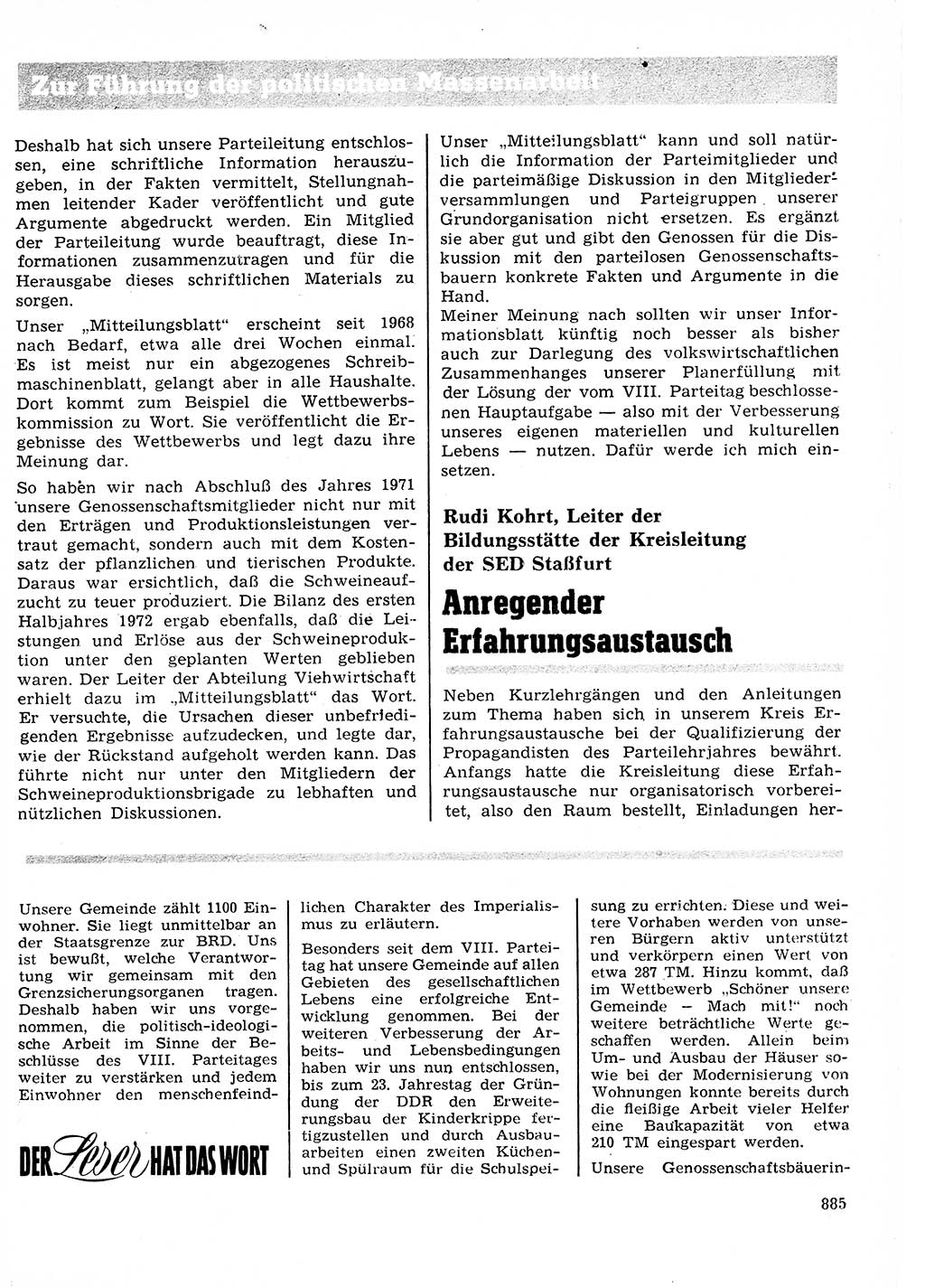 Neuer Weg (NW), Organ des Zentralkomitees (ZK) der SED (Sozialistische Einheitspartei Deutschlands) für Fragen des Parteilebens, 27. Jahrgang [Deutsche Demokratische Republik (DDR)] 1972, Seite 885 (NW ZK SED DDR 1972, S. 885)