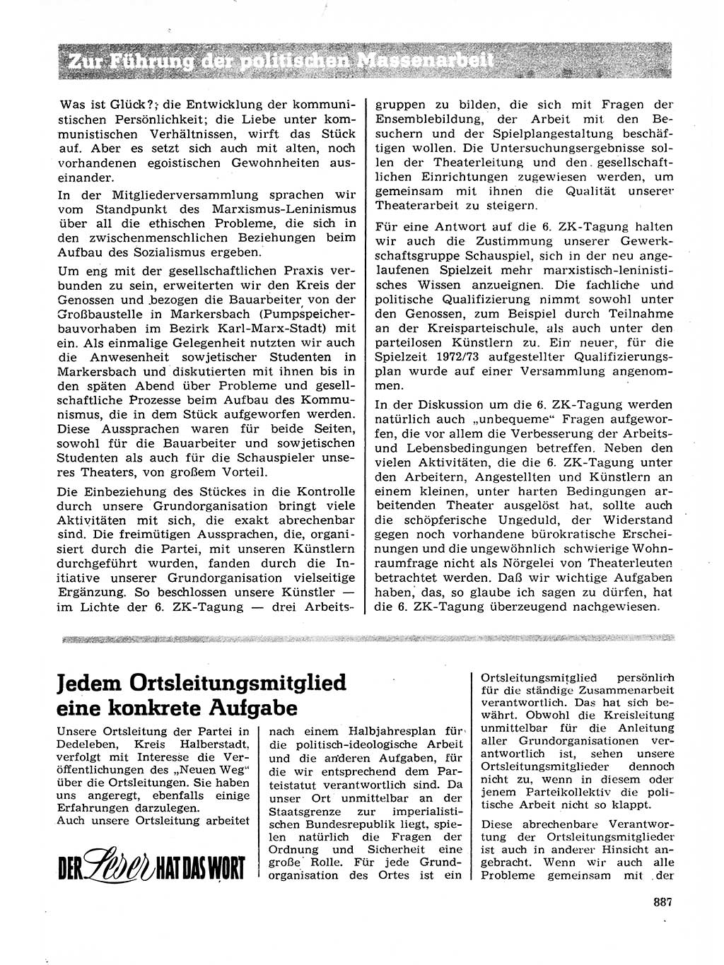 Neuer Weg (NW), Organ des Zentralkomitees (ZK) der SED (Sozialistische Einheitspartei Deutschlands) für Fragen des Parteilebens, 27. Jahrgang [Deutsche Demokratische Republik (DDR)] 1972, Seite 887 (NW ZK SED DDR 1972, S. 887)