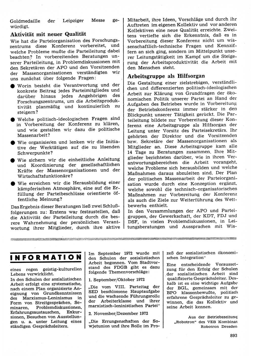 Neuer Weg (NW), Organ des Zentralkomitees (ZK) der SED (Sozialistische Einheitspartei Deutschlands) für Fragen des Parteilebens, 27. Jahrgang [Deutsche Demokratische Republik (DDR)] 1972, Seite 893 (NW ZK SED DDR 1972, S. 893)