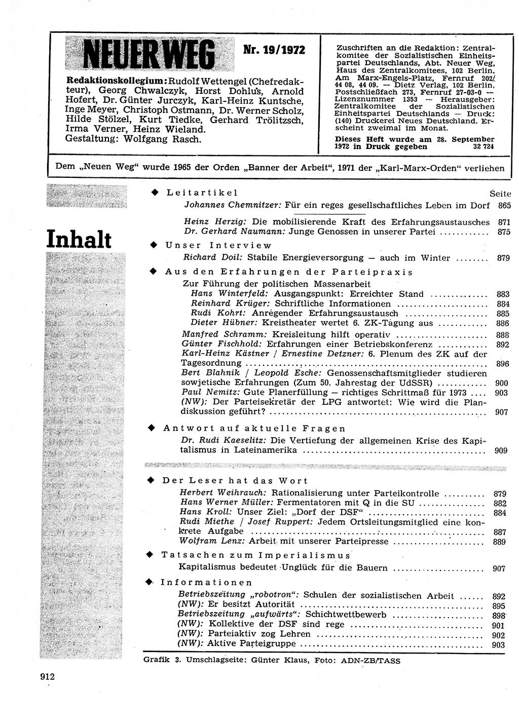 Neuer Weg (NW), Organ des Zentralkomitees (ZK) der SED (Sozialistische Einheitspartei Deutschlands) für Fragen des Parteilebens, 27. Jahrgang [Deutsche Demokratische Republik (DDR)] 1972, Seite 912 (NW ZK SED DDR 1972, S. 912)