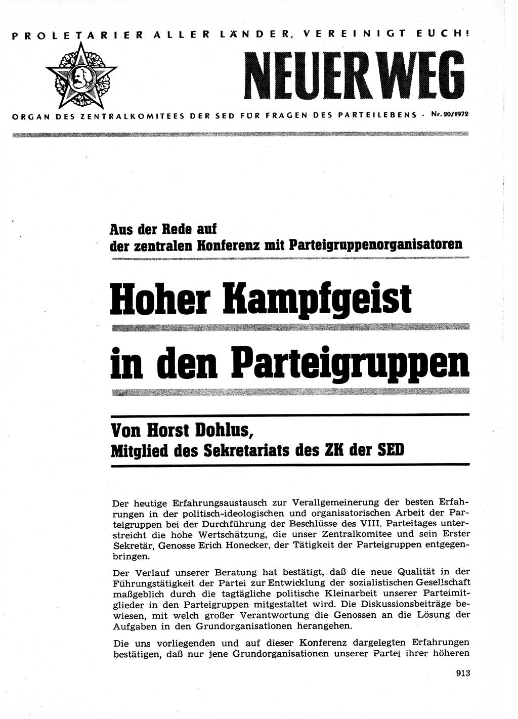 Neuer Weg (NW), Organ des Zentralkomitees (ZK) der SED (Sozialistische Einheitspartei Deutschlands) für Fragen des Parteilebens, 27. Jahrgang [Deutsche Demokratische Republik (DDR)] 1972, Seite 913 (NW ZK SED DDR 1972, S. 913)