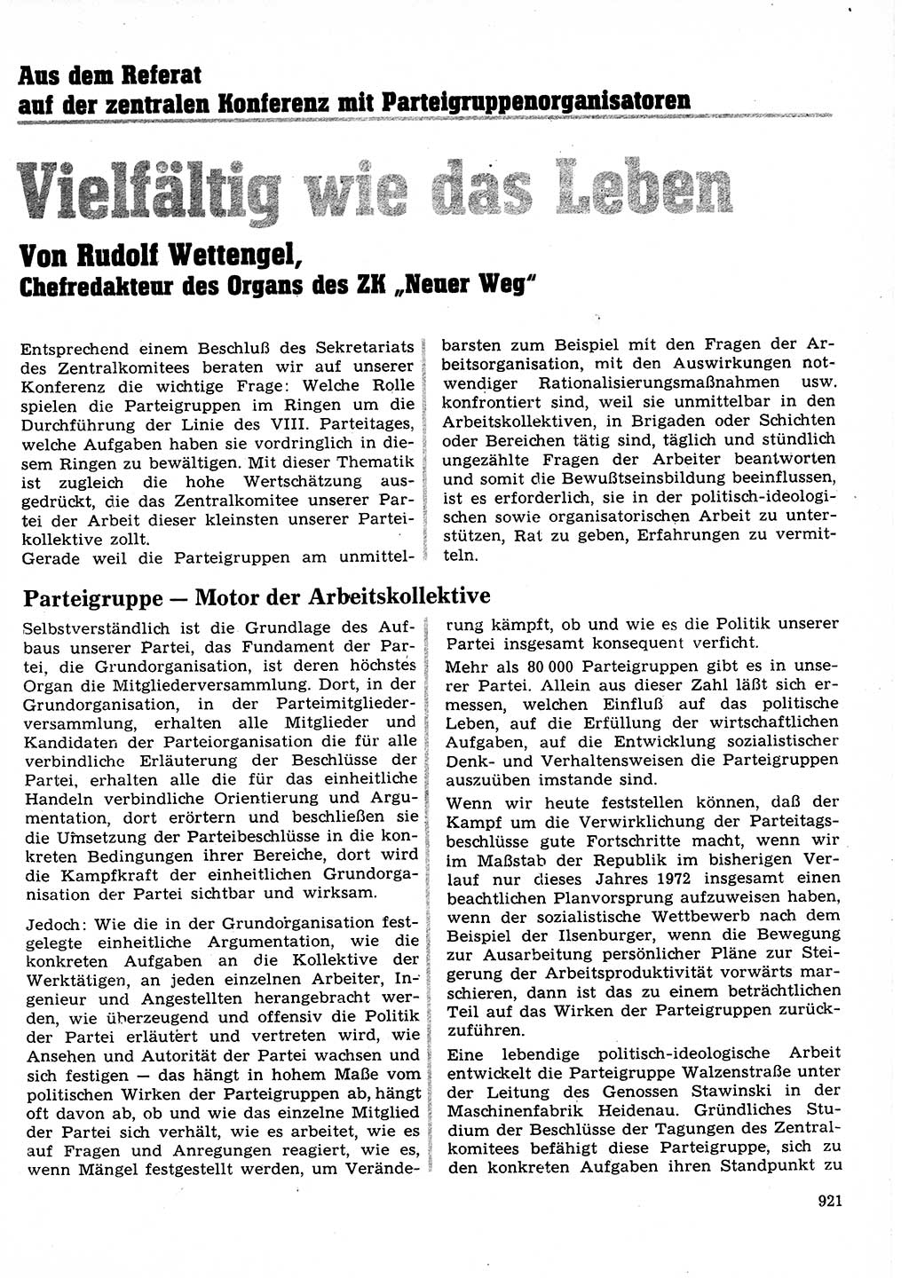 Neuer Weg (NW), Organ des Zentralkomitees (ZK) der SED (Sozialistische Einheitspartei Deutschlands) für Fragen des Parteilebens, 27. Jahrgang [Deutsche Demokratische Republik (DDR)] 1972, Seite 921 (NW ZK SED DDR 1972, S. 921)